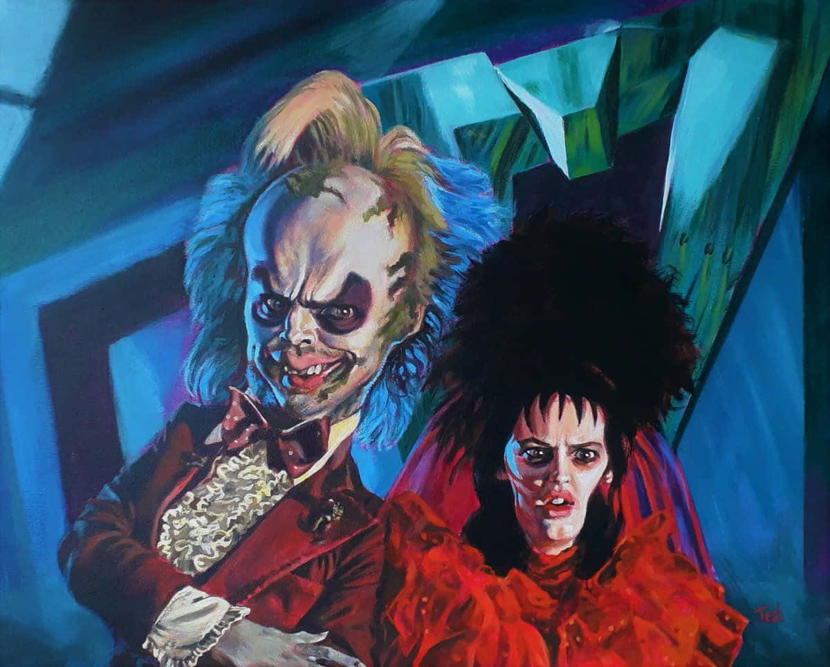 嘩鬼家族 桌布 壁紙 — 一幅鮮豔的油畫，描繪了Beetlejuice和Lydia Deetz在超現實的藍色和紅色哥德式場景中。