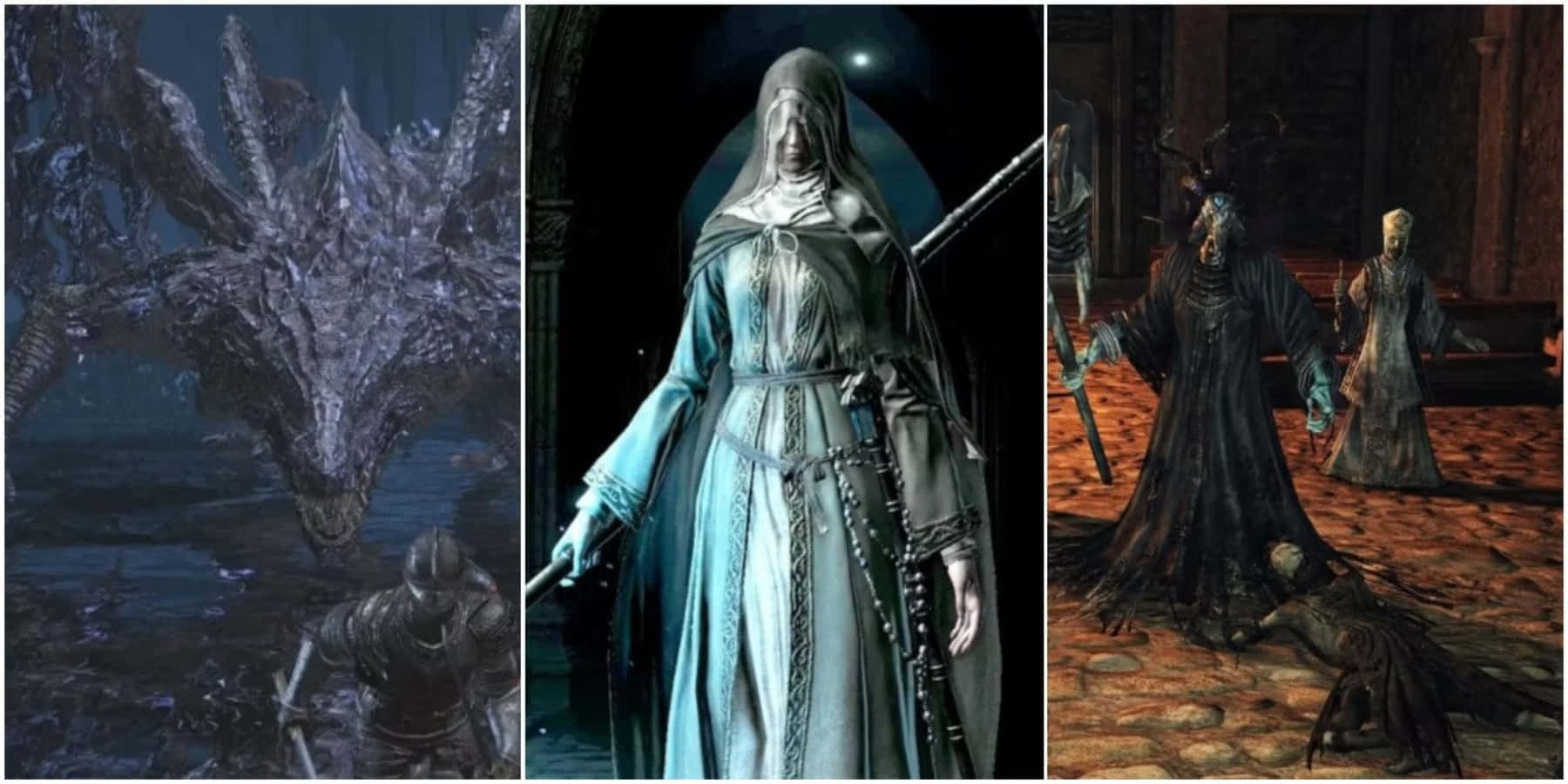 Dark Souls Bosses 桌布 壁紙 — 一幅黑暗奇幻三聯畫，描繪了一條巨大的冰龍、一位戴兜帽手持法杖的女祭司，以及哥德式廢墟中的陰影人物。