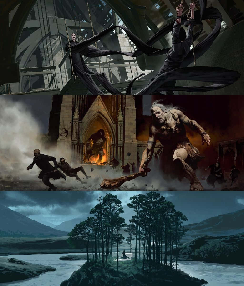 The Battle Of Hogwarts 桌布 壁紙 — 一幅黑暗奇幻拼貼畫，描繪大教堂中披著斗篷的人物、在燃燒廢墟中攻擊的怪獸，以及暴風雨天空下森林島嶼上的孤獨身影。