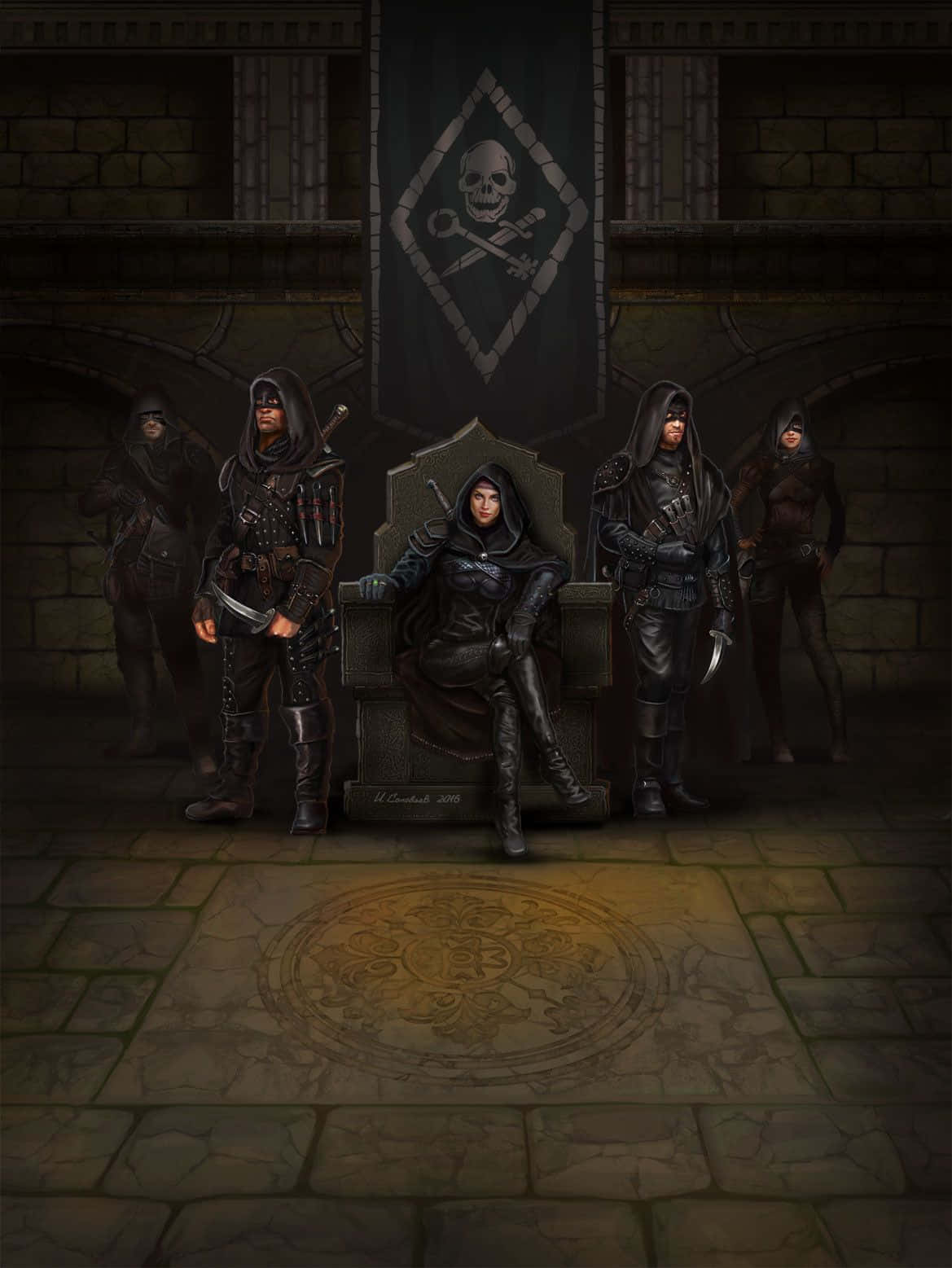 Thieves Guild 桌布 壁紙 — 一幅黑暗奇幻插圖，描繪一個戴兜帽的人物坐在石王座上，兩旁有武裝守衛，位於燈光昏暗的城堡大廳。