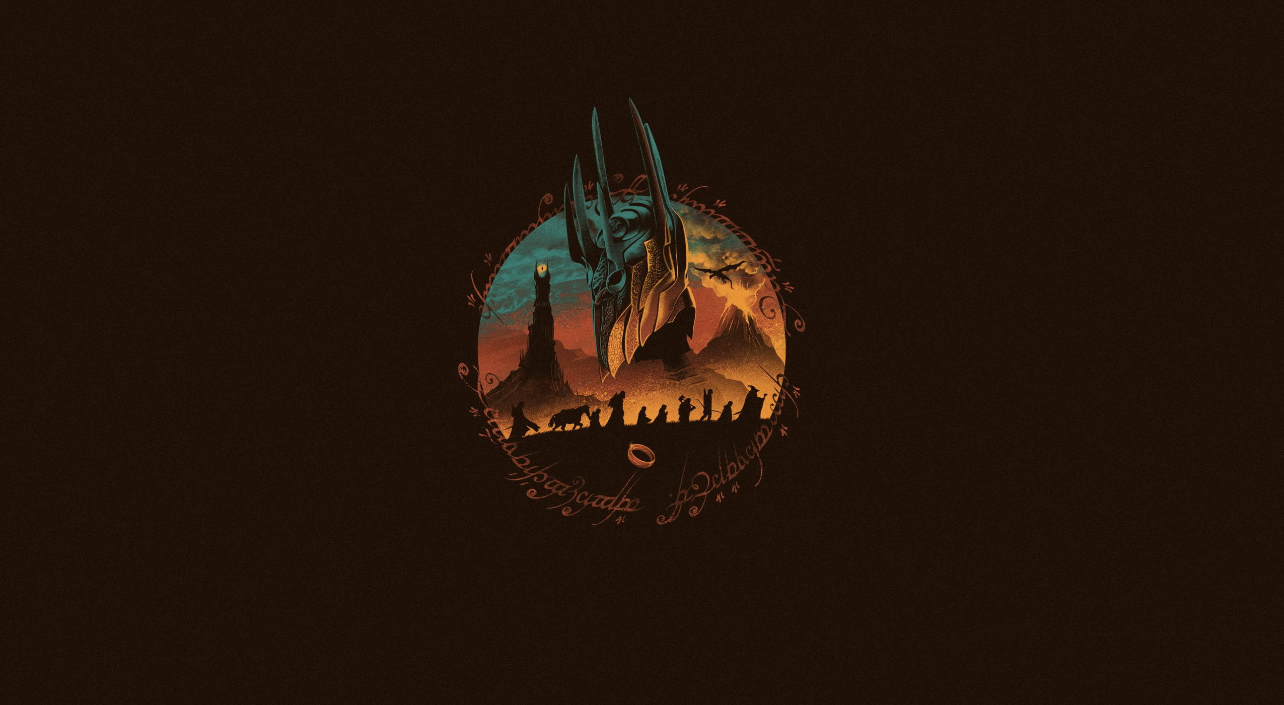 Lord Of The Rings Landscape 桌布 壁紙 — 一幅黑暗奇幻插圖，描繪一條巨龍盤踞在熾熱景觀之上，伴隨著剪影人物和一座塔樓。