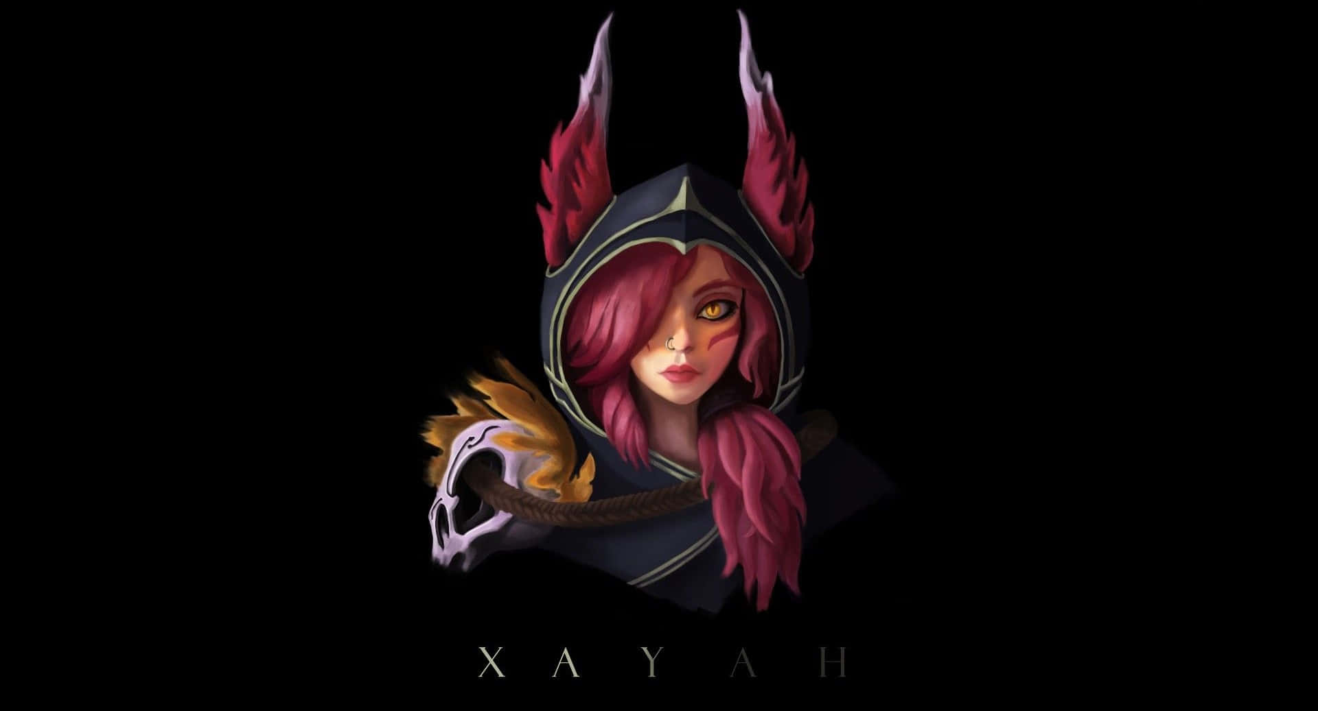 搞笑gif 桌布 壁紙 — 一幅黑暗奇幻肖像，Xayah 擁有火熱的粉紅頭髮和發光的眼睛，在黑色背景前手持一個燃燒的頭骨。