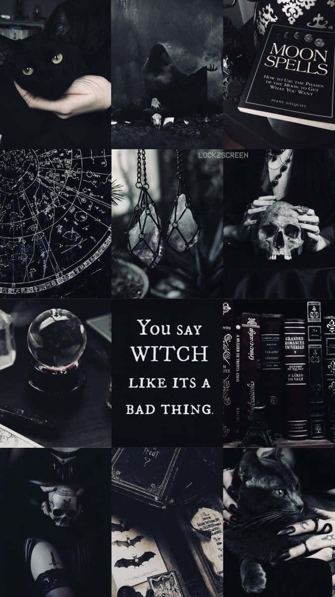 Witch Aesthetic 桌布 壁紙 — 一幅黑暗女巫風格的拼貼畫，包含黑貓、頭骨、書籍和神秘符號，採用單色調。