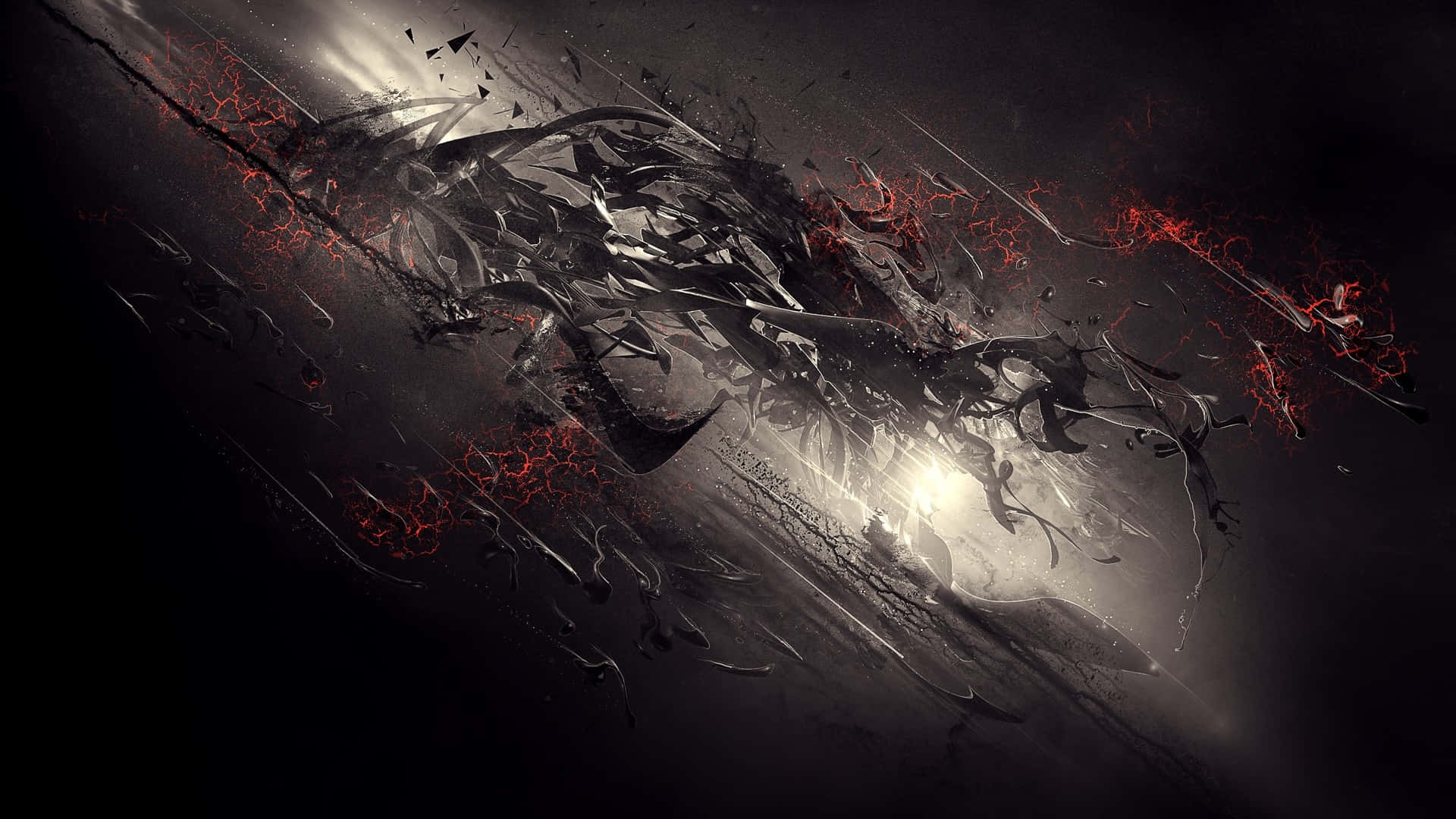 Dark Abstract Art 桌布 壁紙 — 一幅黑暗抽象數位藝術作品，包含破碎的玻璃碎片、發光的紅色裂縫和明亮的中央光源。