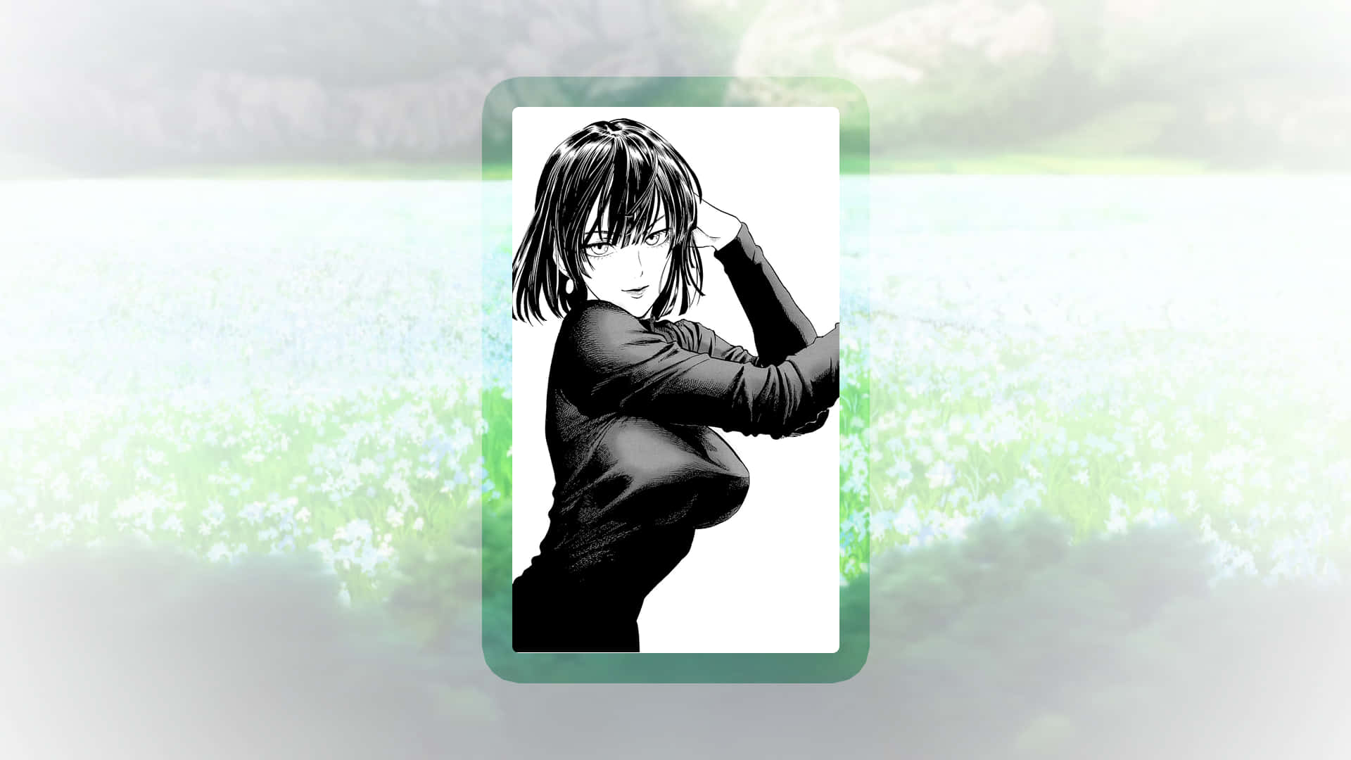 Fubuki 桌布 壁紙 — 一幅黑白動漫風格插圖，描繪一位女性擺出動態姿勢，以柔和的綠色和白色模糊背景為框架。