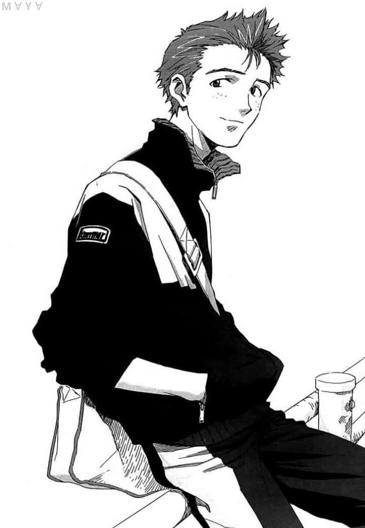 Toji Suzuhara 桌布 壁紙 — 一幅黑白動漫風格插圖，描繪一位頭髮豎起的年輕男子，旁邊放著飲料，悠閒地坐著。