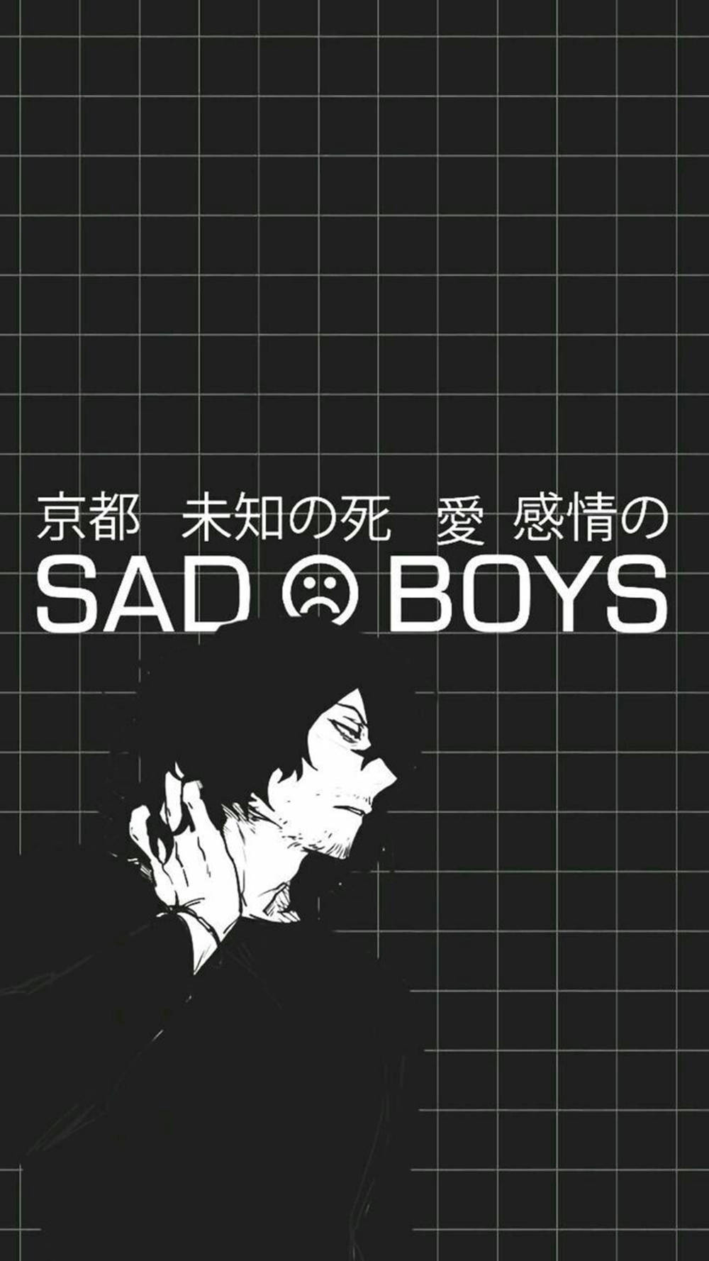男生 桌布 壁紙 — 一幅黑白動漫風格插圖，描繪一個悲傷的男孩將手放在頭上，背景為網格，帶有日文字和標題「SAD BOYS」。