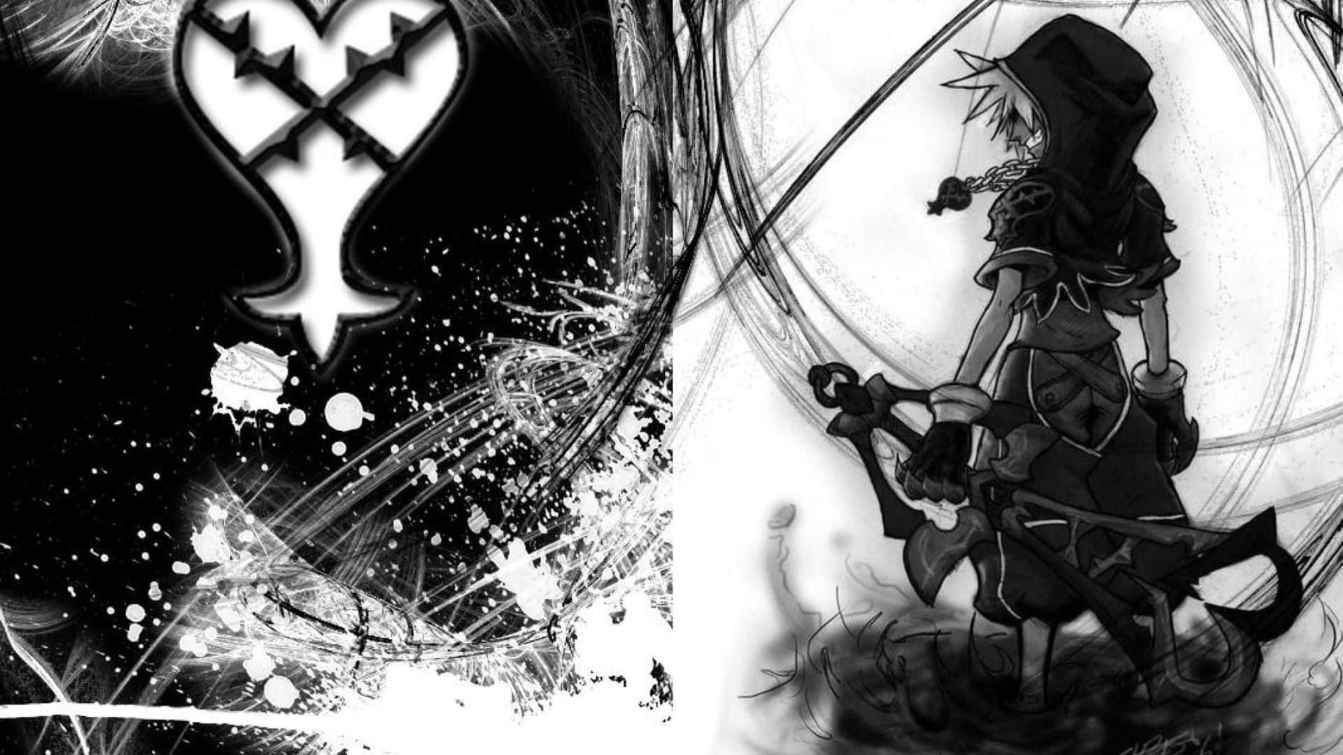 Kingdom Hearts 桌布 壁紙 — 一幅黑白動漫風格插圖，描繪一名戴著兜帽的戰士，手持劍，旁邊有一個風格化的心形鑰刃符號。