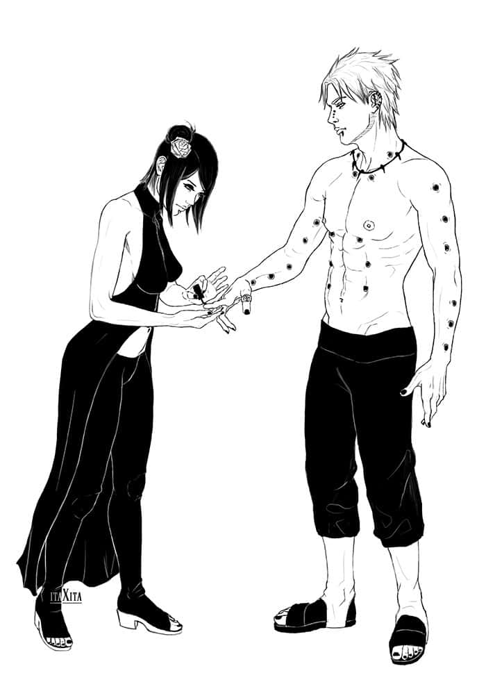 Akatsuki Drawing 桌布 壁紙 — 一幅黑白動漫風格插圖，描繪一男一女專注地交換一個小物件。
