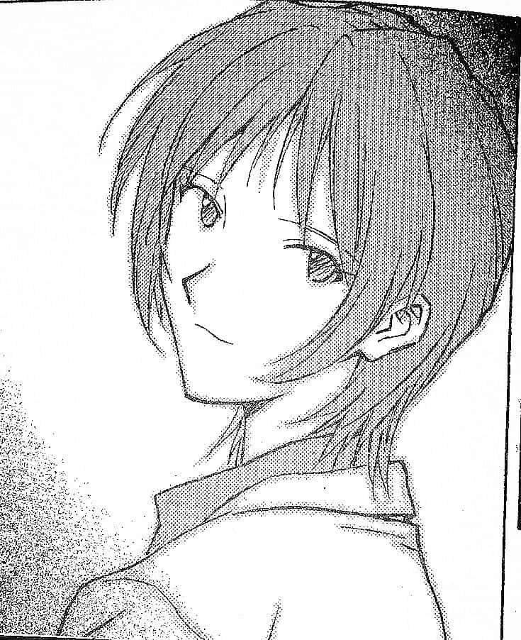Yui Ikari 桌布 壁紙 — 一幅黑白動漫風格素描，描繪一位短髮年輕人溫柔地回頭微笑。
