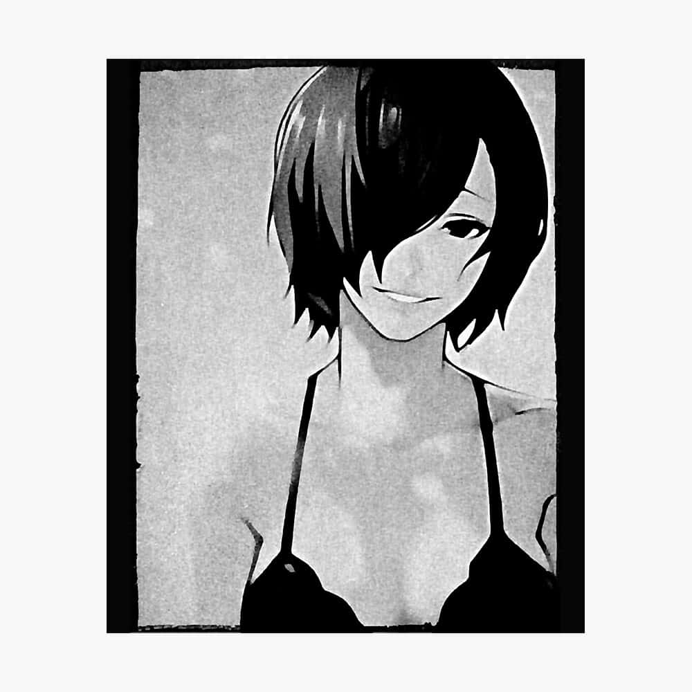 Touka Kirishima 桌布 壁紙 — 一幅黑白動漫風格肖像，短髮角色在紋理背景上帶着含蓄的微笑。