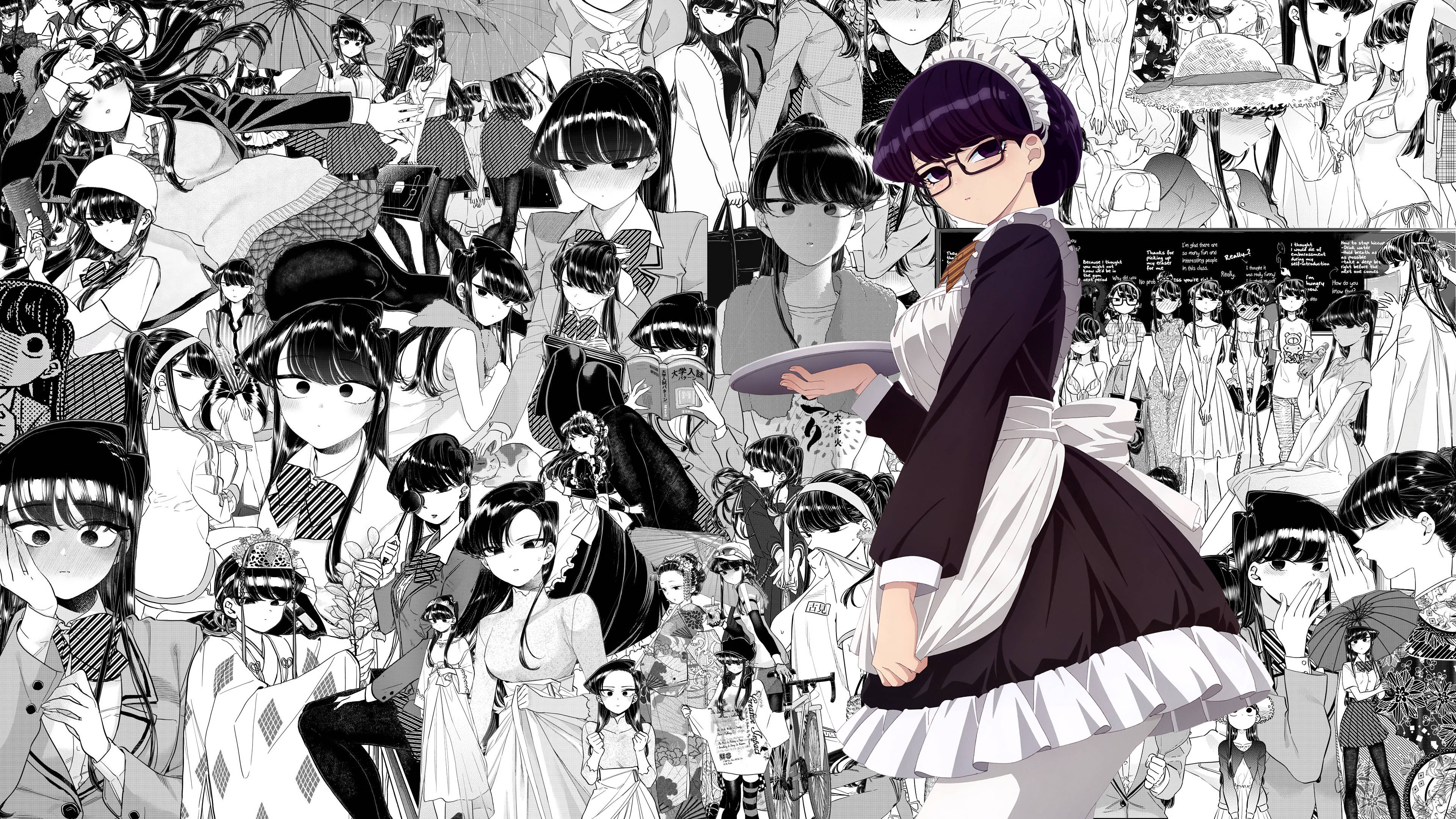 Komi San 桌布 壁紙 — 一幅黑白動畫拼貼畫，中央的女僕角色在密集的多樣化動畫女孩人群中拿著托盤。