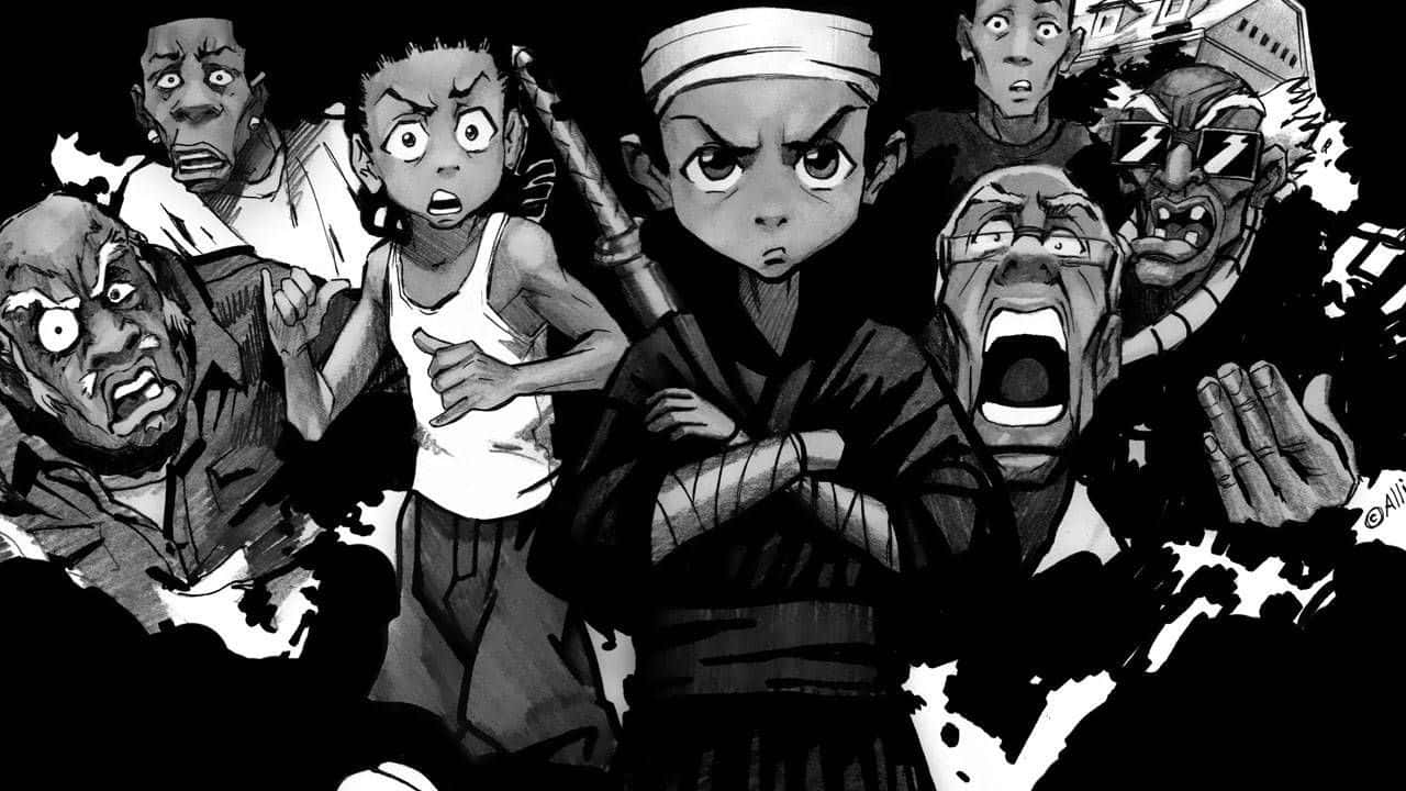 Boondocks Bape Reezy 壁紙 — 一幅黑白動畫插圖，描繪一個堅定的年輕男孩被震驚和憤怒的面孔包圍。