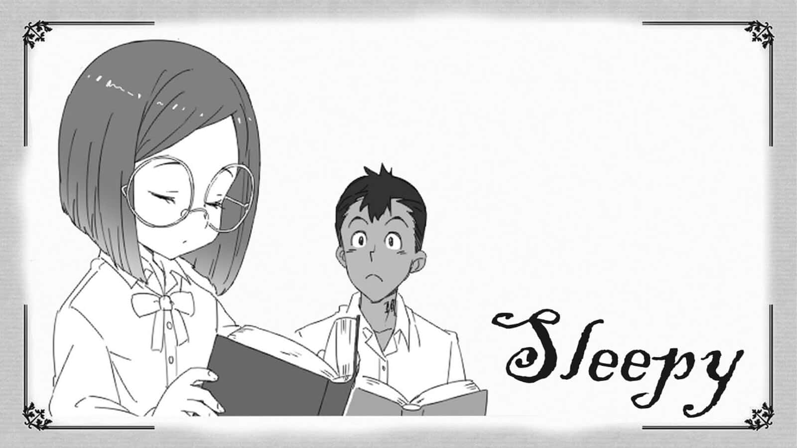 The Promised Neverland Gilda 桌布 壁紙 — 一幅黑白動畫插圖，描繪一個戴眼鏡的睏倦女孩正在看書，而一個男孩睜大眼睛看著。