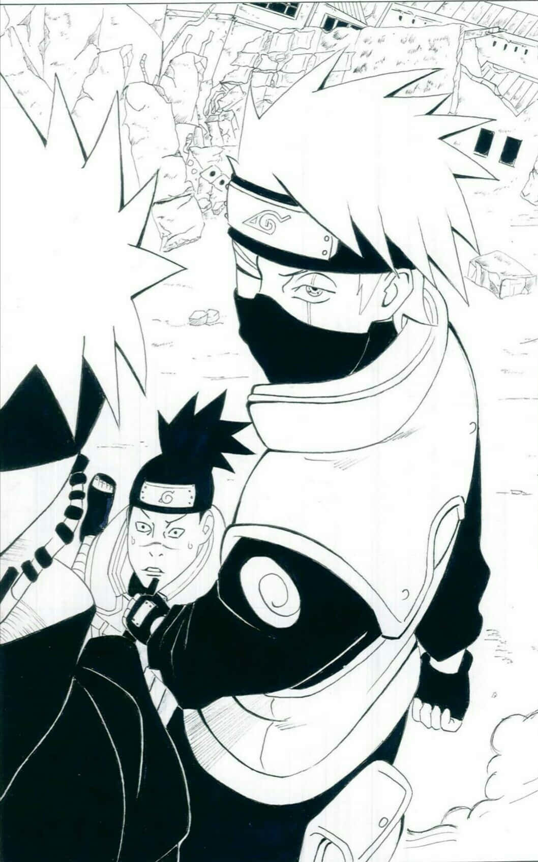Kakashi And Pain 桌布 壁紙 — 一幅黑白動畫插圖，描繪兩個忍者角色在充滿碎片的動態戰鬥場景中。