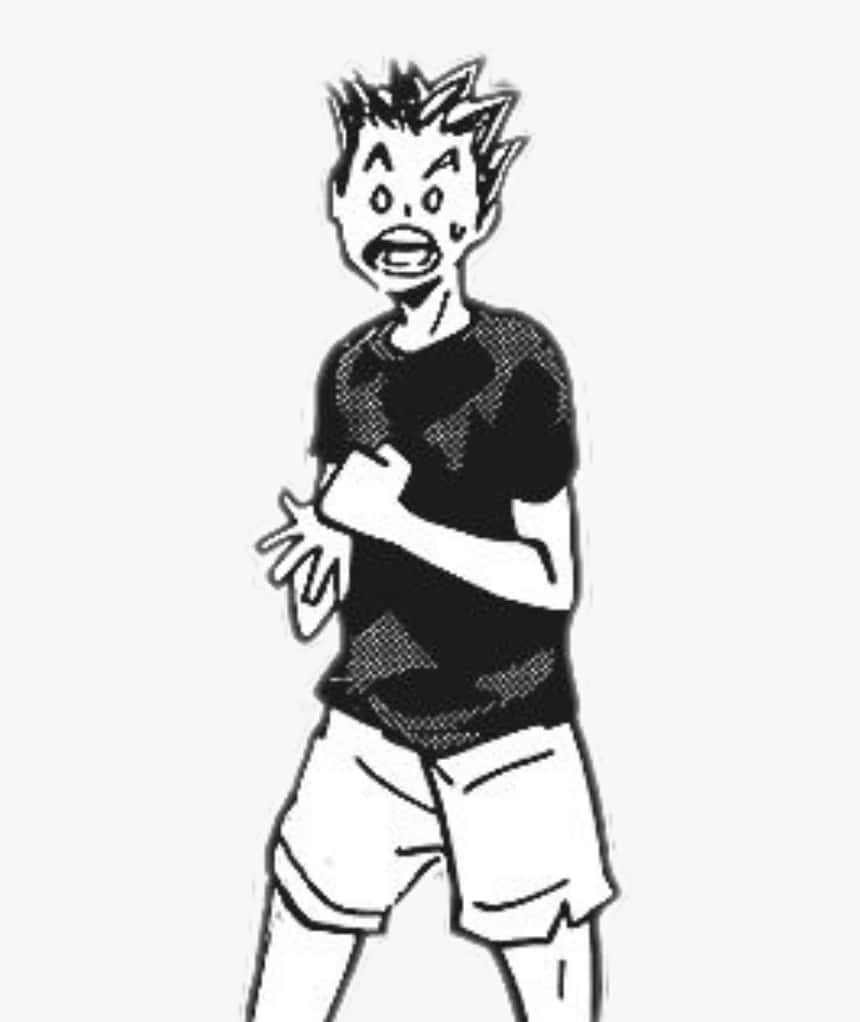 Fukurodani 桌布 壁紙 — 一幅黑白動畫風格插圖，描繪一個受驚的年輕男子，頭髮尖刺，眼睛睜大。