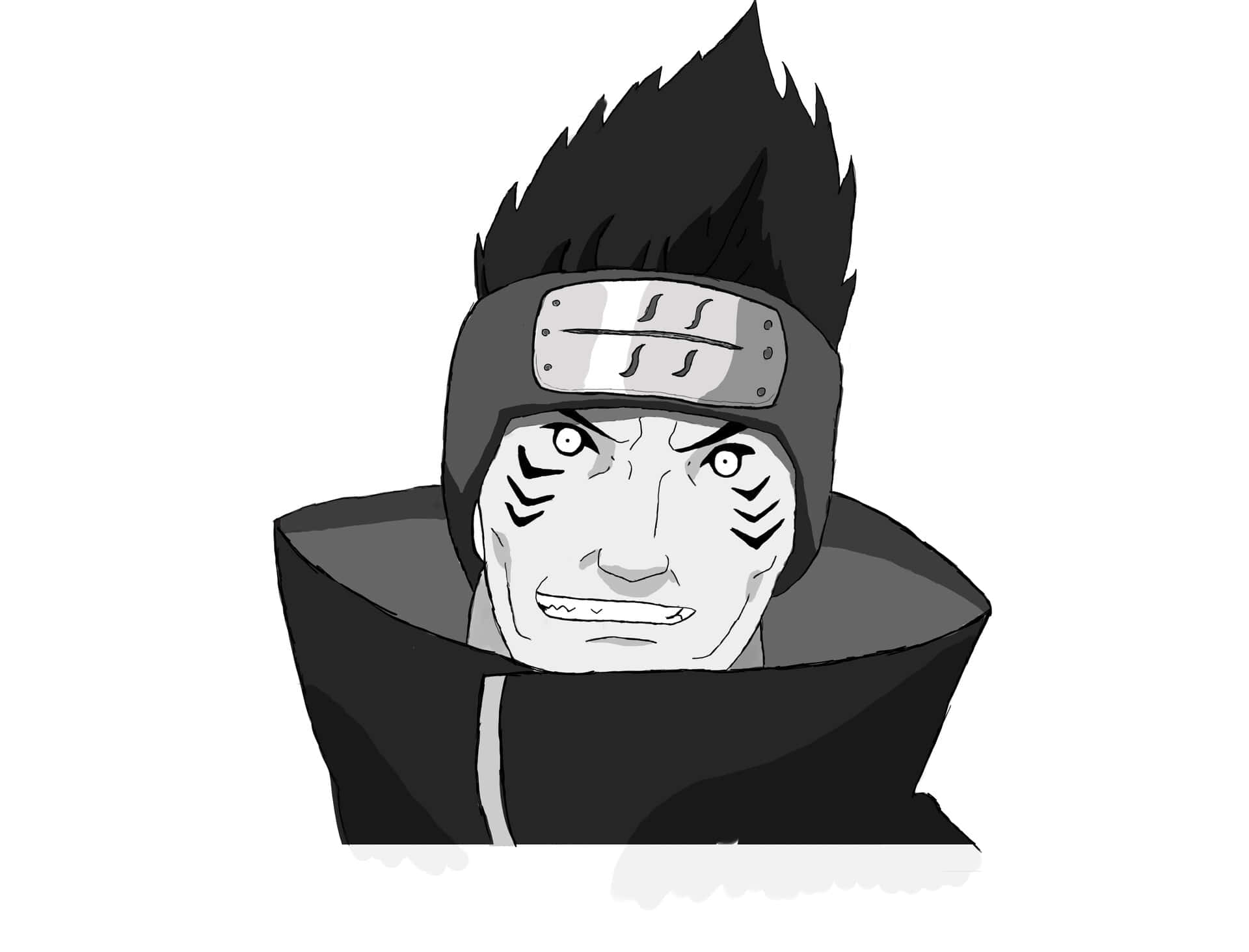Akatsuki Kisame 桌布 壁紙 — 一幅黑白動畫風格肖像，描繪一位頭髮尖刺、戴頭帶的兇猛忍者，眼神銳利地凝視。