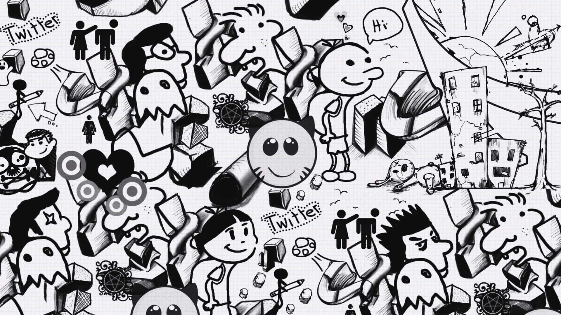 Black And White Graffiti 桌布 壁紙 — 一幅黑白塗鴉拼貼畫，充滿卡通角色、社交媒體圖標和抽象形狀，風格混亂而充滿活力。