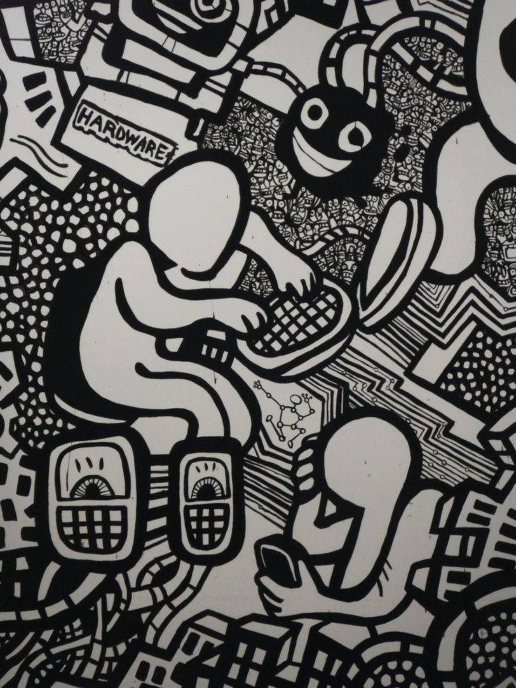 Black And White Graffiti 桌布 壁紙 — 一幅黑白抽象插圖，描繪風格化的人物與復古科技小工具和電路圖案互動。