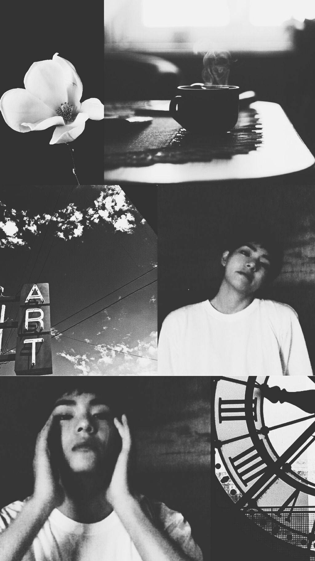 Kpop Aesthetic 桌布 壁紙 — 一幅黑白拼貼，捕捉親密時刻：一朵花、一杯冒煙的杯子、一個向上凝視的人，以及雙手環繞臉龐並搭配一個時鐘。