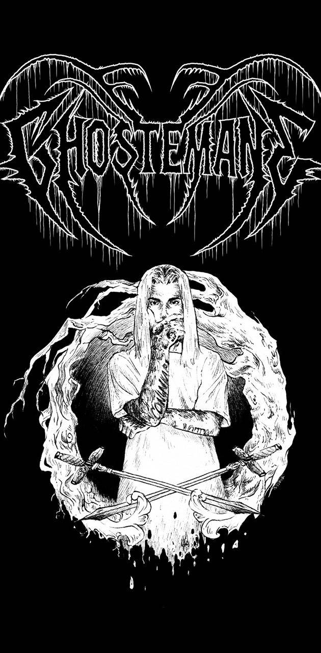 Ghostemane 桌布 壁紙 — 一幅黑白插圖，描繪一位留長鬍鬚的長髮男子手持交叉的劍，周圍是圓形設計，帶有滴落的墨水，上方有「GHOSTEMANE」字樣。