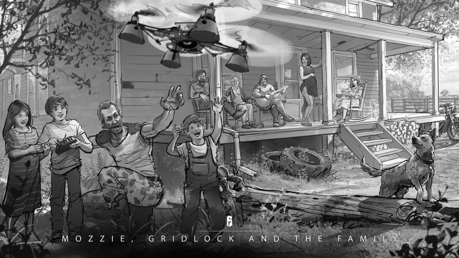 Rainbow Six Siege Mozzie 桌布 壁紙 — 一幅黑白插圖，描繪一家人聚集在門廊和院子裡，興奮地看著一架無人機在頭頂飛過。