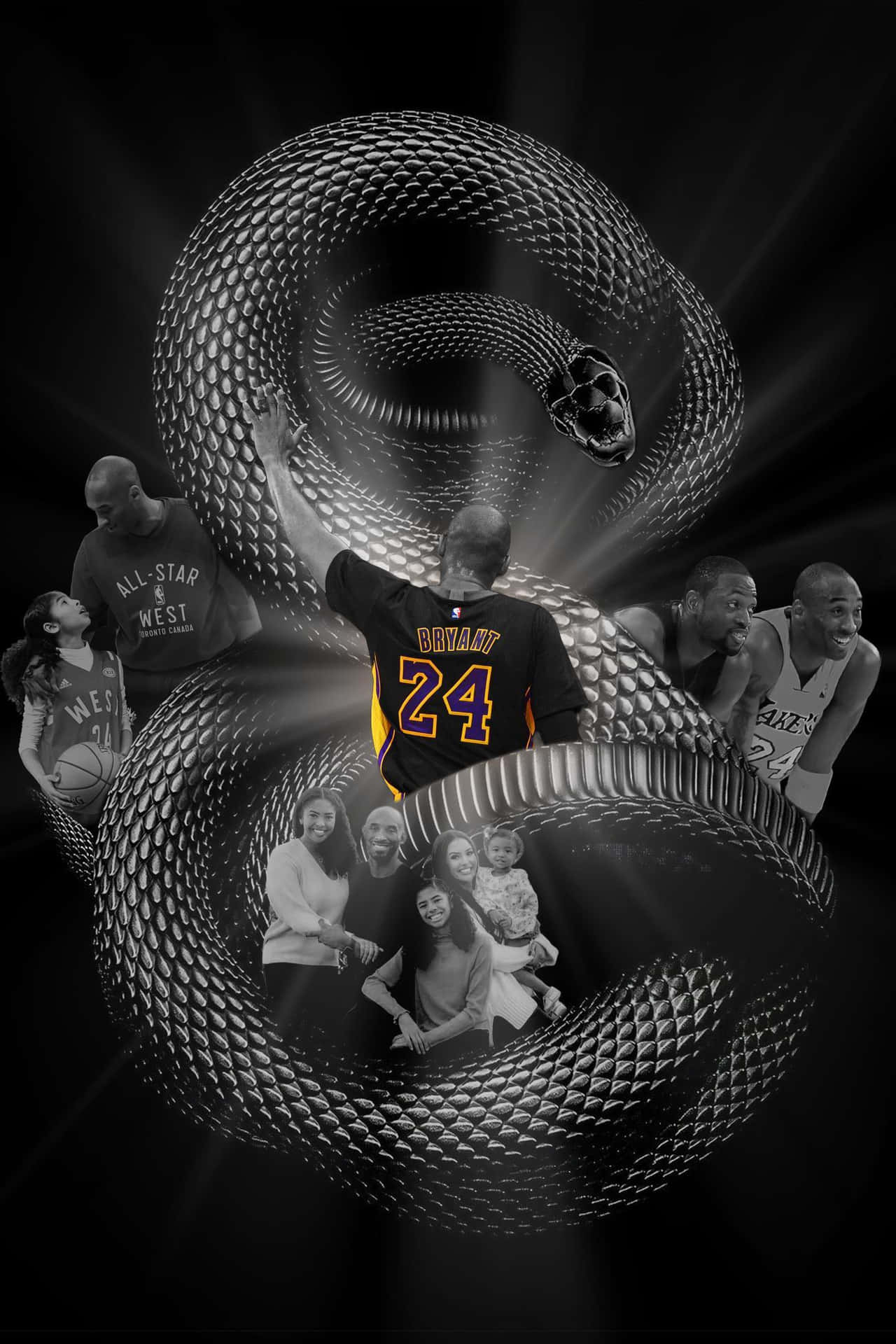 Mamba Mentality 桌布 壁紙 — 一幅黑白數碼藝術作品，金屬蛇纏繞著籃球運動員高比拜仁及其家人的照片。