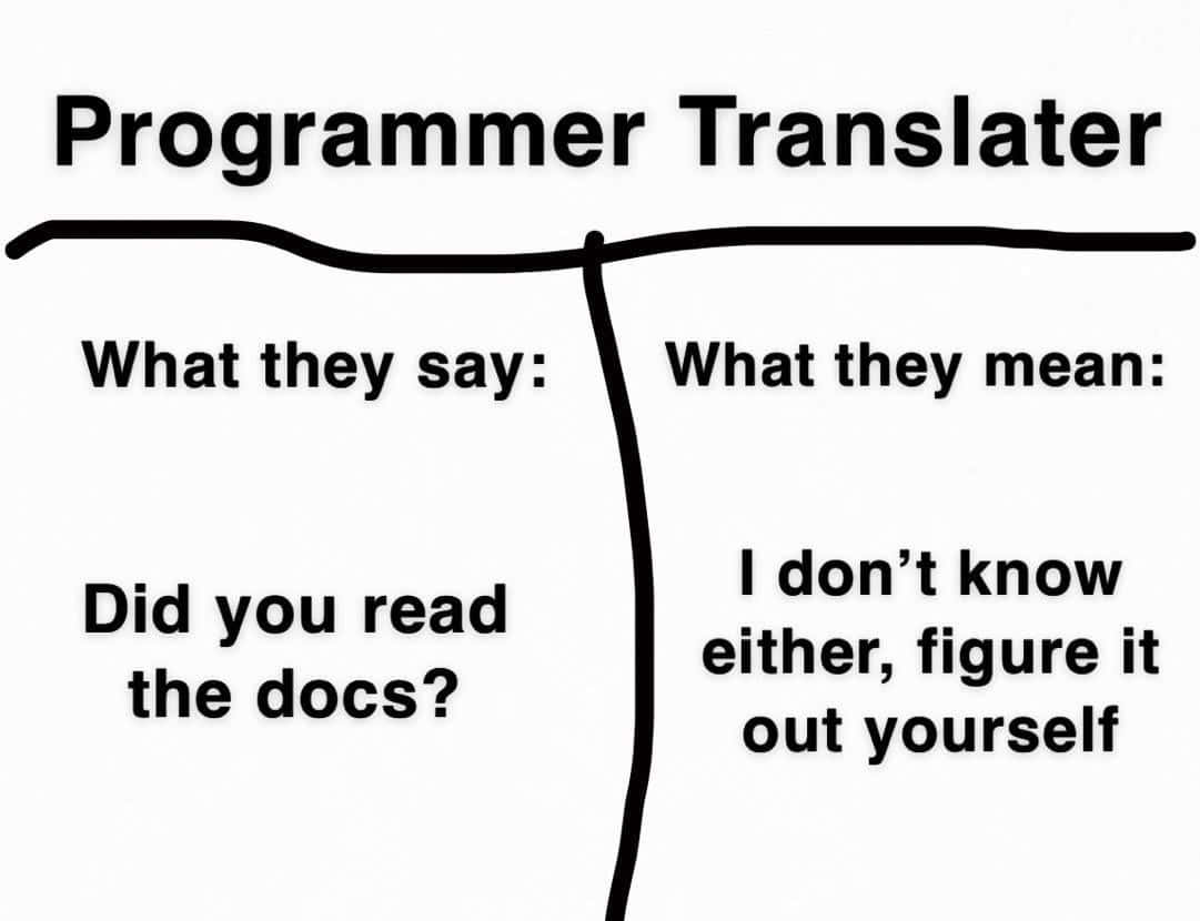 Technology Humor Memes 桌布 壁紙 — 一幅黑白漫畫幽默地對比程式設計師俚語中「他們所說的」和「他們的意思」。
