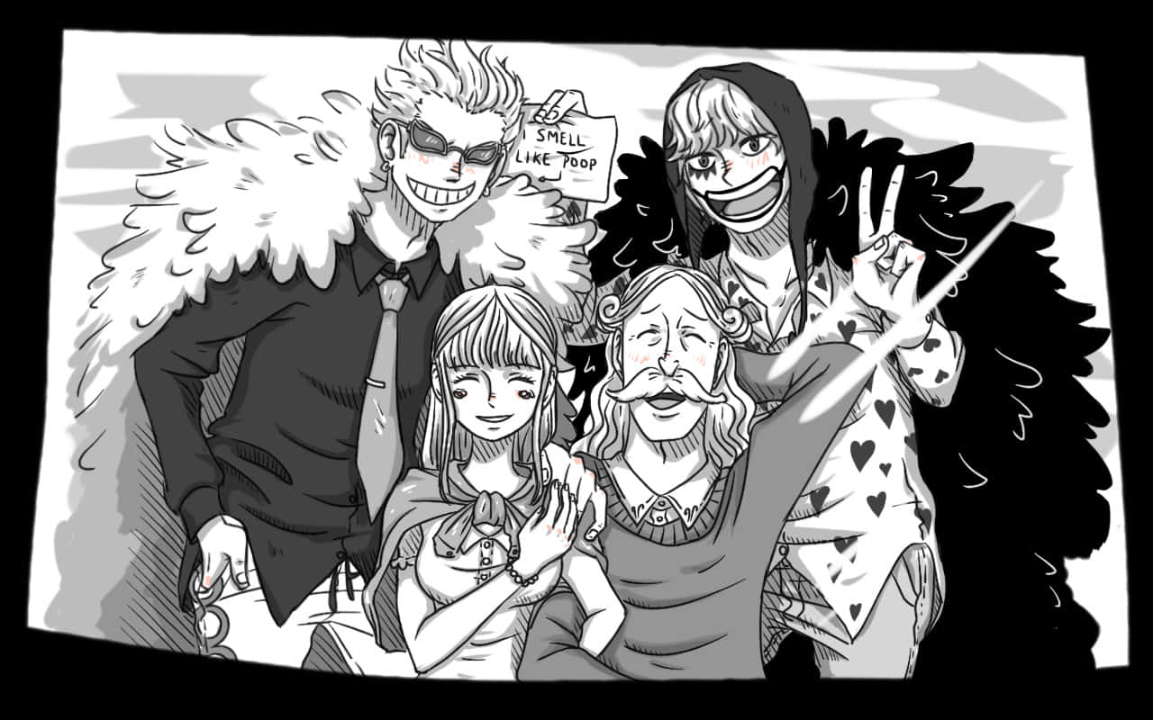 Donquixote Family 桌布 壁紙 — 一幅黑白漫畫風格插圖，描繪四個開朗的動漫角色以俏皮表情一起擺姿勢。