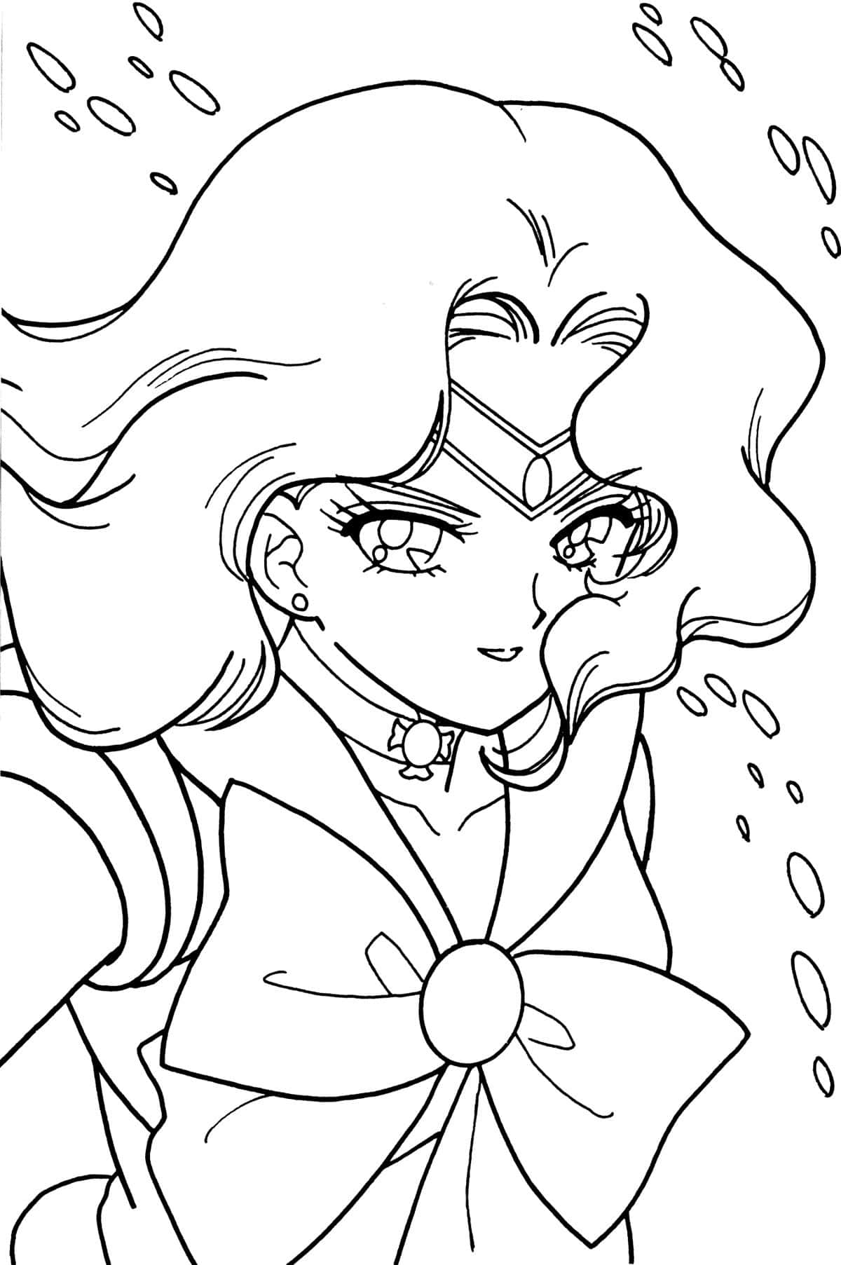 sailor neptune 桌布 壁紙 — 一幅黑白線條插圖，描繪一個動漫女孩，擁有飄逸的頭髮和一個大蝴蝶結，在水下與氣泡一起。