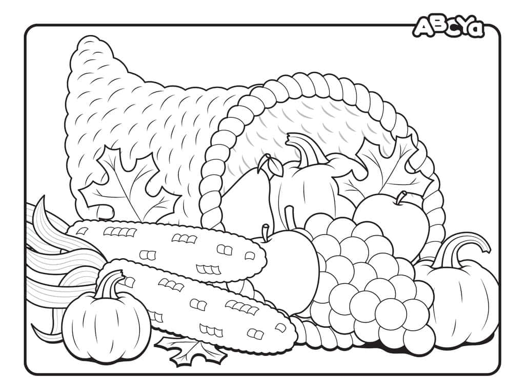 Fall Cornucopia 桌布 壁紙 — 一幅黑白線條畫，描繪一個滿載南瓜、葡萄、蘋果和玉米的豐饒角，周圍環繞著秋葉。