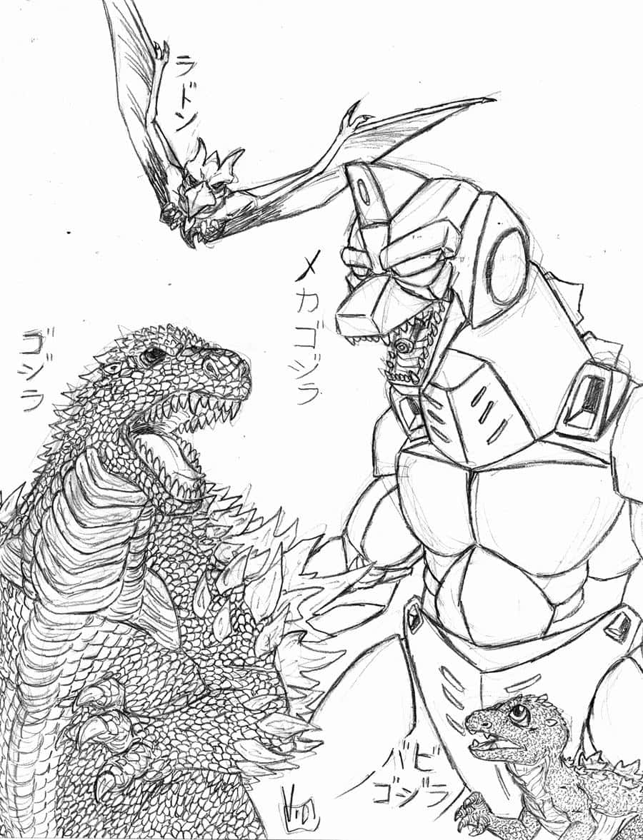 Godzilla Vs Mothra 桌布 壁紙 — 一幅黑白線條畫展示了哥斯拉、機械哥斯拉、拉頓和一個嬰兒哥斯拉在動態戰鬥場景中對峙。