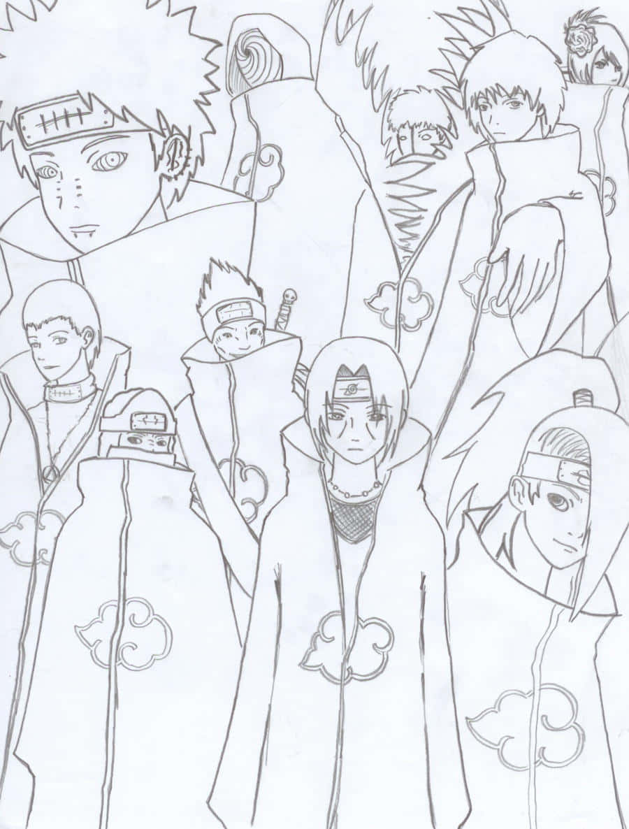 Akatsuki Drawing 桌布 壁紙 — 一幅黑白線條藝術插圖，描繪多個身穿帶有雲朵標誌的曉組織斗篷的動漫角色。