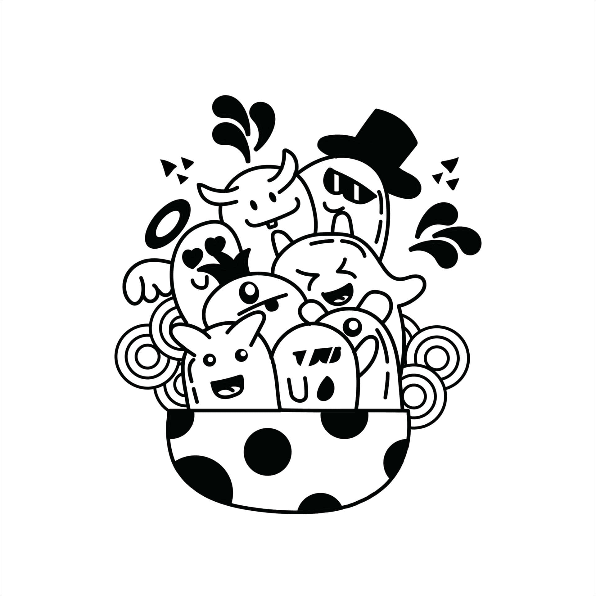 Black And White Drawings 桌布 壁紙 — 一幅黑白線條藝術插圖，描繪許多可愛卡通鬼魂從圓點碗中彈出，帶有表情豐富的臉孔和俏皮的水花。
