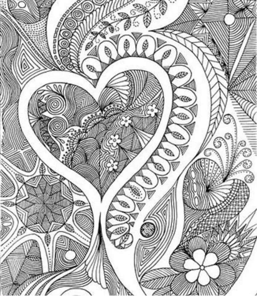 Heart Doodle 桌布 壁紙 — 一幅黑白複雜塗鴉藝術， featuring 一個大心形，充滿漩渦圖案和花卉圖案，周圍環繞著華麗的幾何設計。