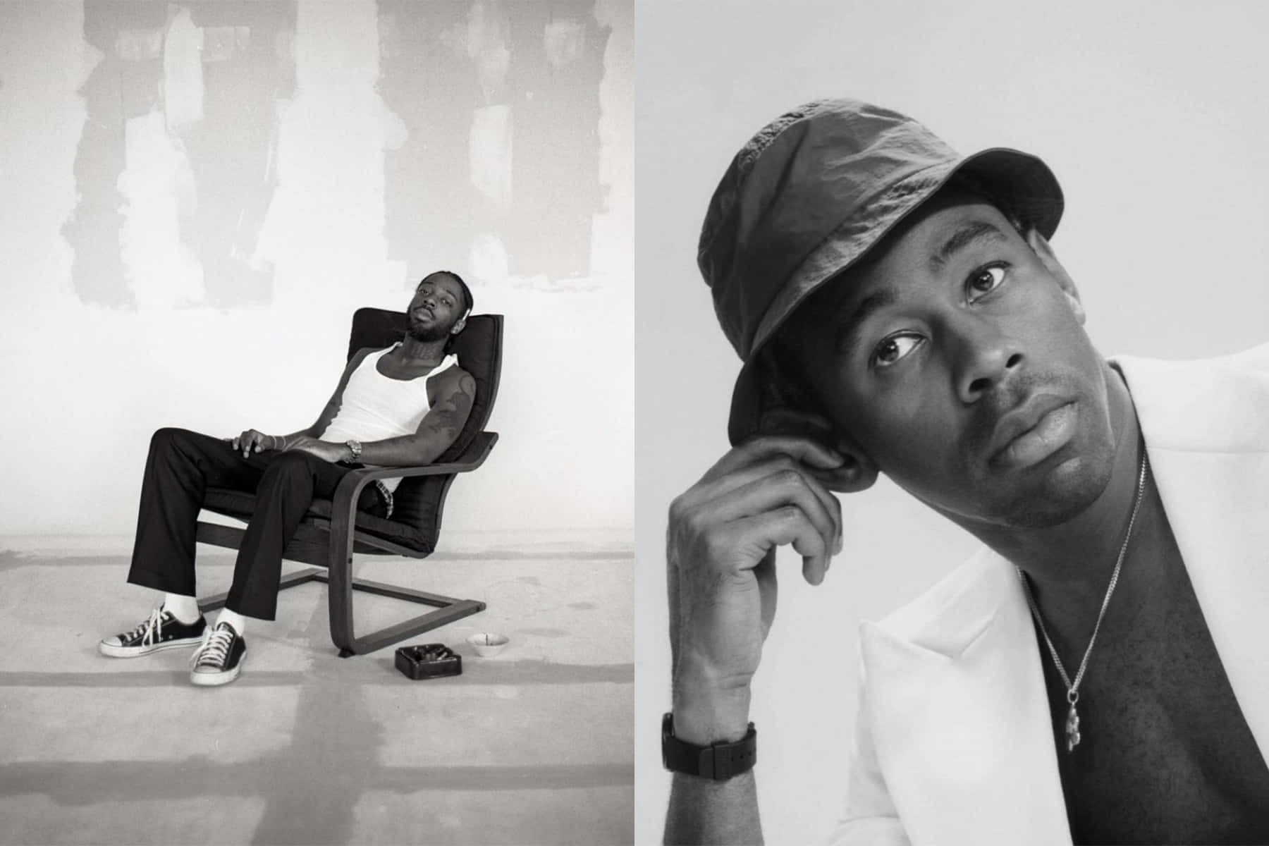 tyler the creator 桌布 壁紙 — 一幅黑白雙聯畫，展示一名男子在現代椅子上放鬆，另一名戴漁夫帽的男子若有所思地凝視。