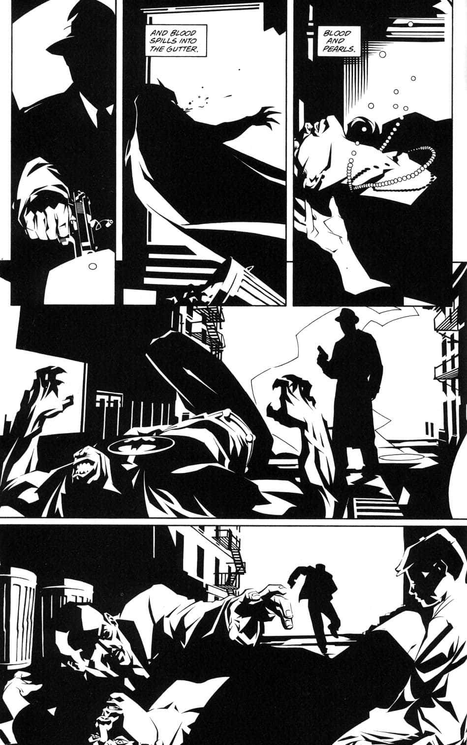 Black And White Comic 桌布 壁紙 — 一幅黑白鮮明的黑色漫畫條，描繪偵探面對暴力犯罪場景，並帶有圖形文字疊加。