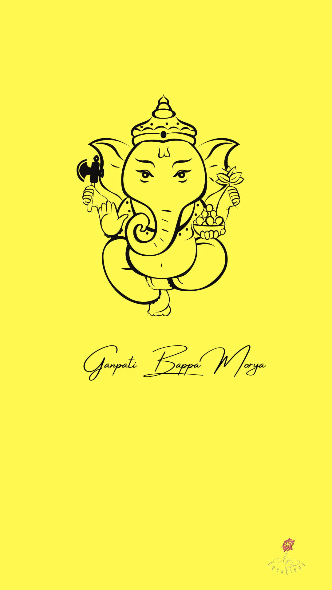 hindu iPhone 桌布 壁紙 — 一幅黑色線條藝術插圖，描繪象神格涅沙手持莫達克和斧頭，背景為純黃色，下方寫有「Ganpati Bappa Morya」。