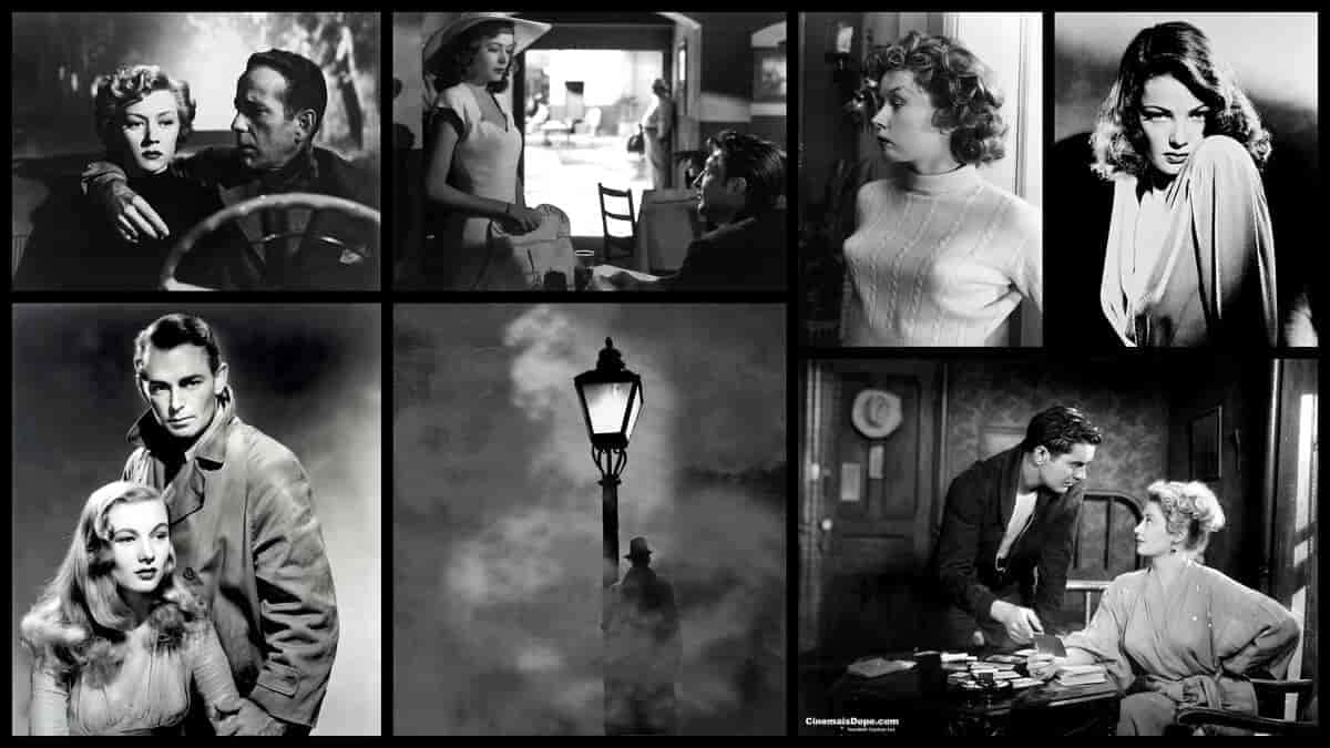 Film Noir 桌布 壁紙 — 一幅黑色電影風格的拼貼畫，由復古黑白電影劇照組成，具有戲劇性燈光和強烈的角色互動。