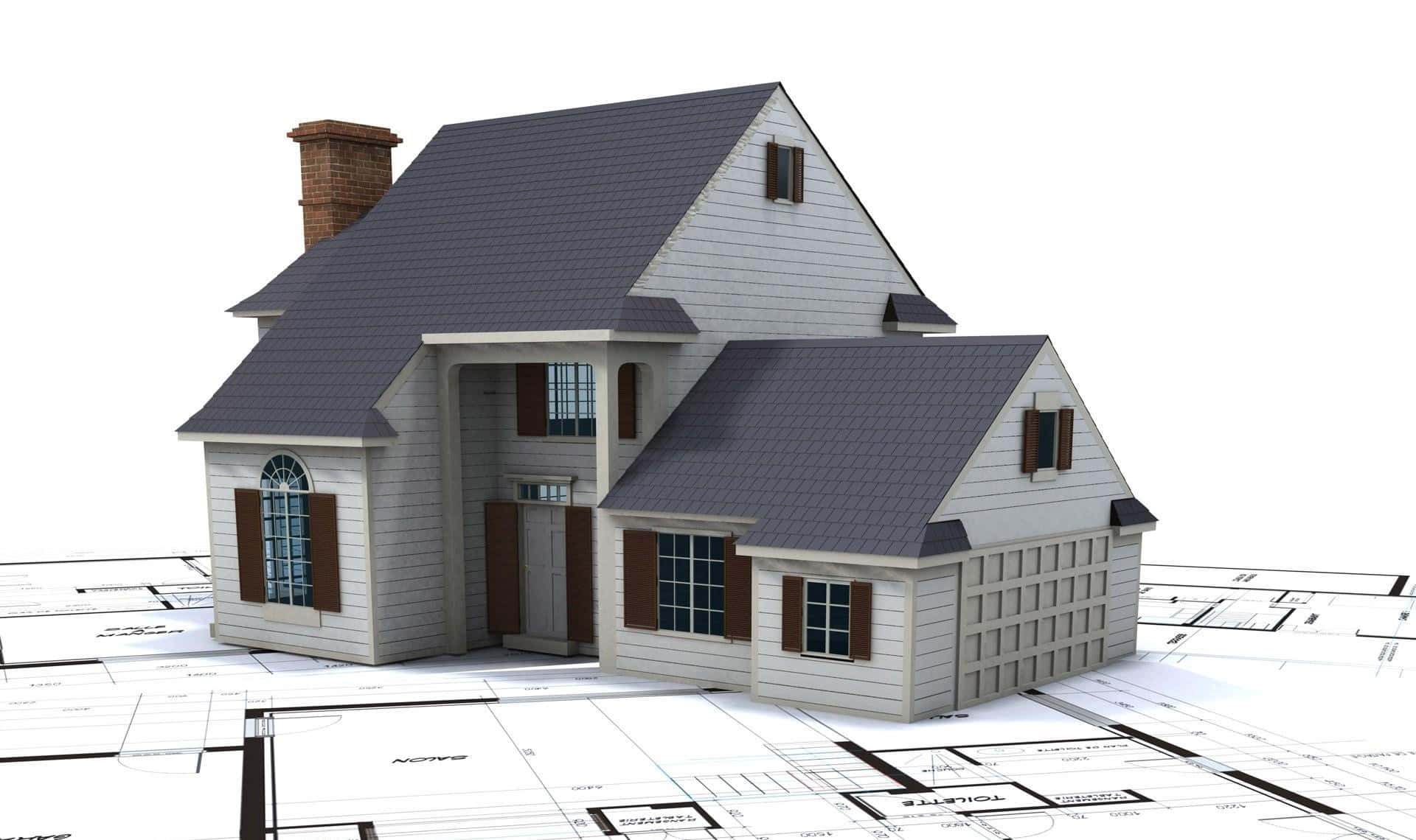Real Estate 桌布 壁紙 — 一座3D渲染的白色房屋，帶有深色屋頂和棕色百葉窗，矗立在建築藍圖之上，背景為純白色。