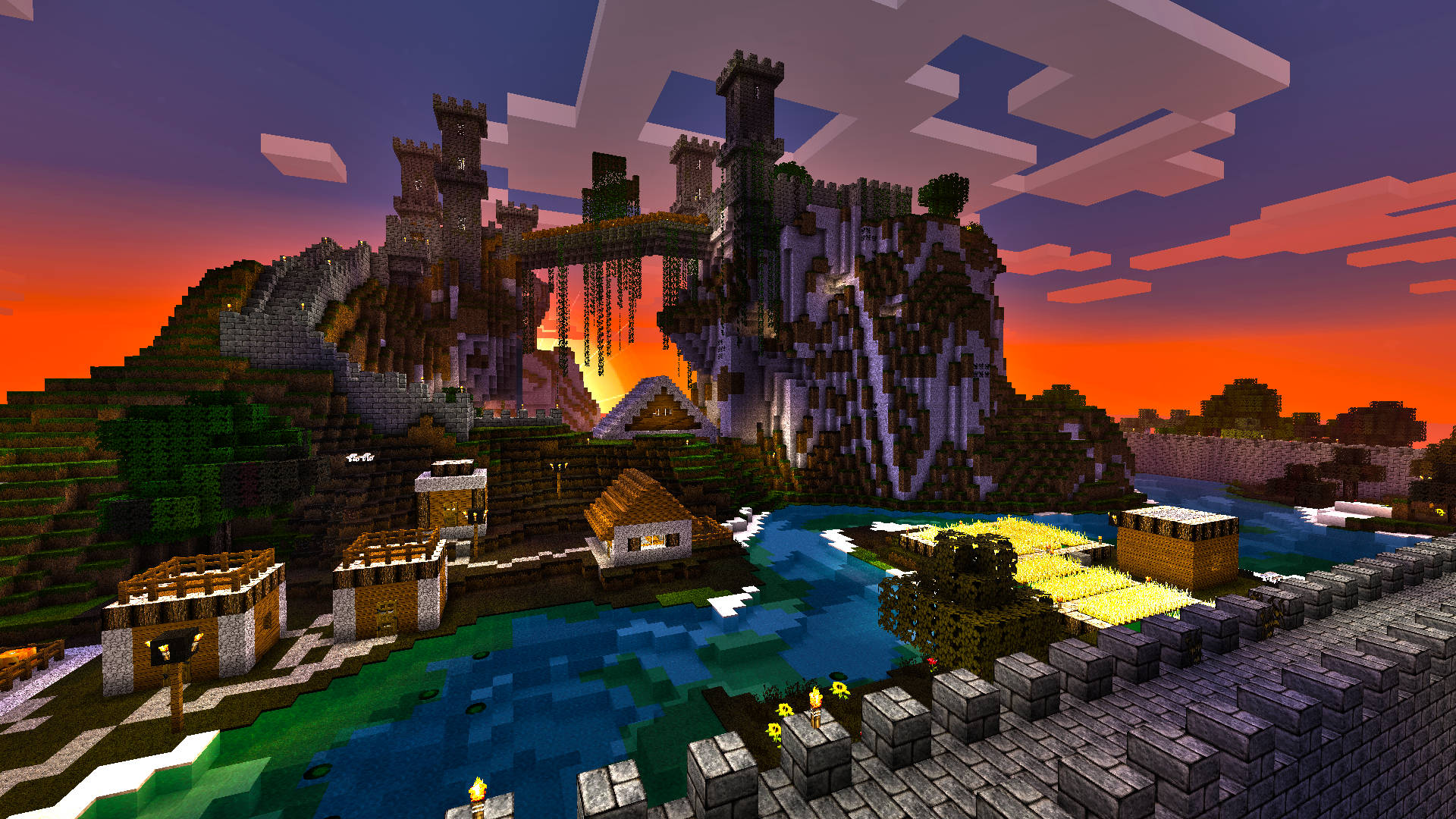 House 桌布 壁紙 — 一座Minecraft城堡矗立於懸崖上，夕陽西下，下方有像素化村民與河流。