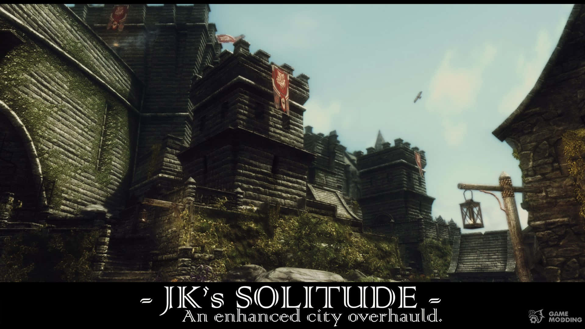 Skyrim Solitude 桌布 壁紙 — 一座中世紀石城堡，牆壁長滿青苔，掛著紅色旗幟，矗立在蒼白的天空下，一隻鳥從頭頂飛過。
