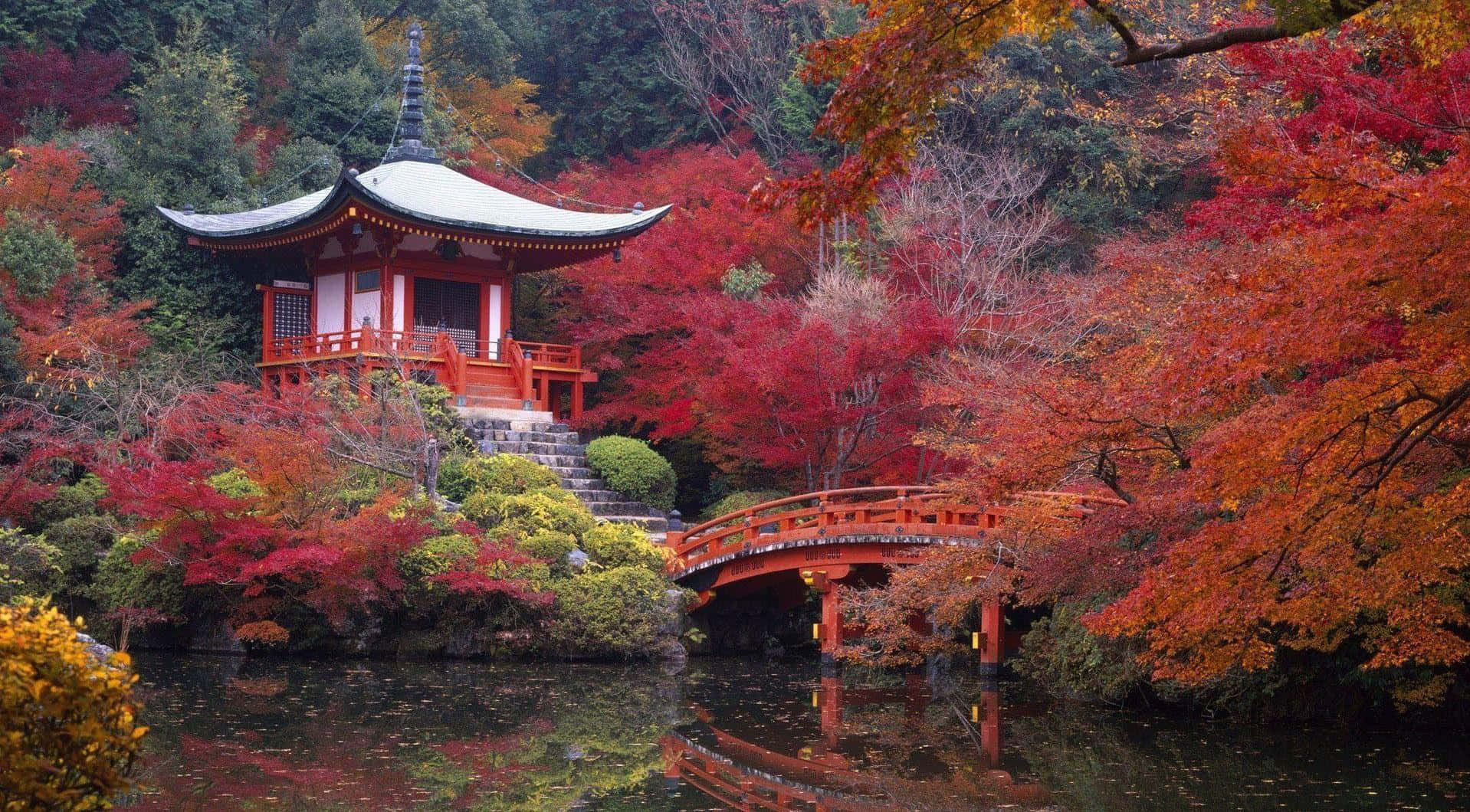 Samurai Garden 桌布 壁紙 — 一座傳統日本寶塔和拱橋倒映在平靜的水面上，四周環繞著火紅的秋葉。