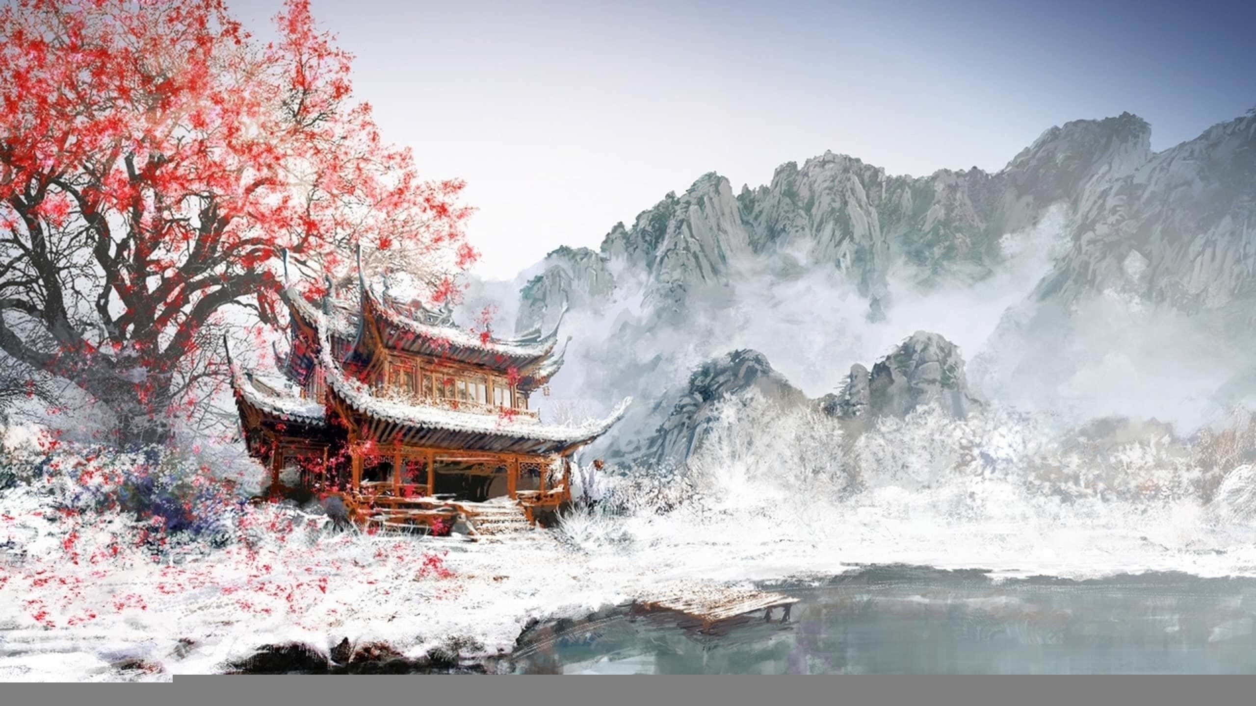 Feudal Japan 桌布 壁紙 — 一座傳統木製亭閣坐落於雪覆蓋的河邊，背景是霧氣繚繞的山巒，上方有一棵鮮紅色的開花樹。