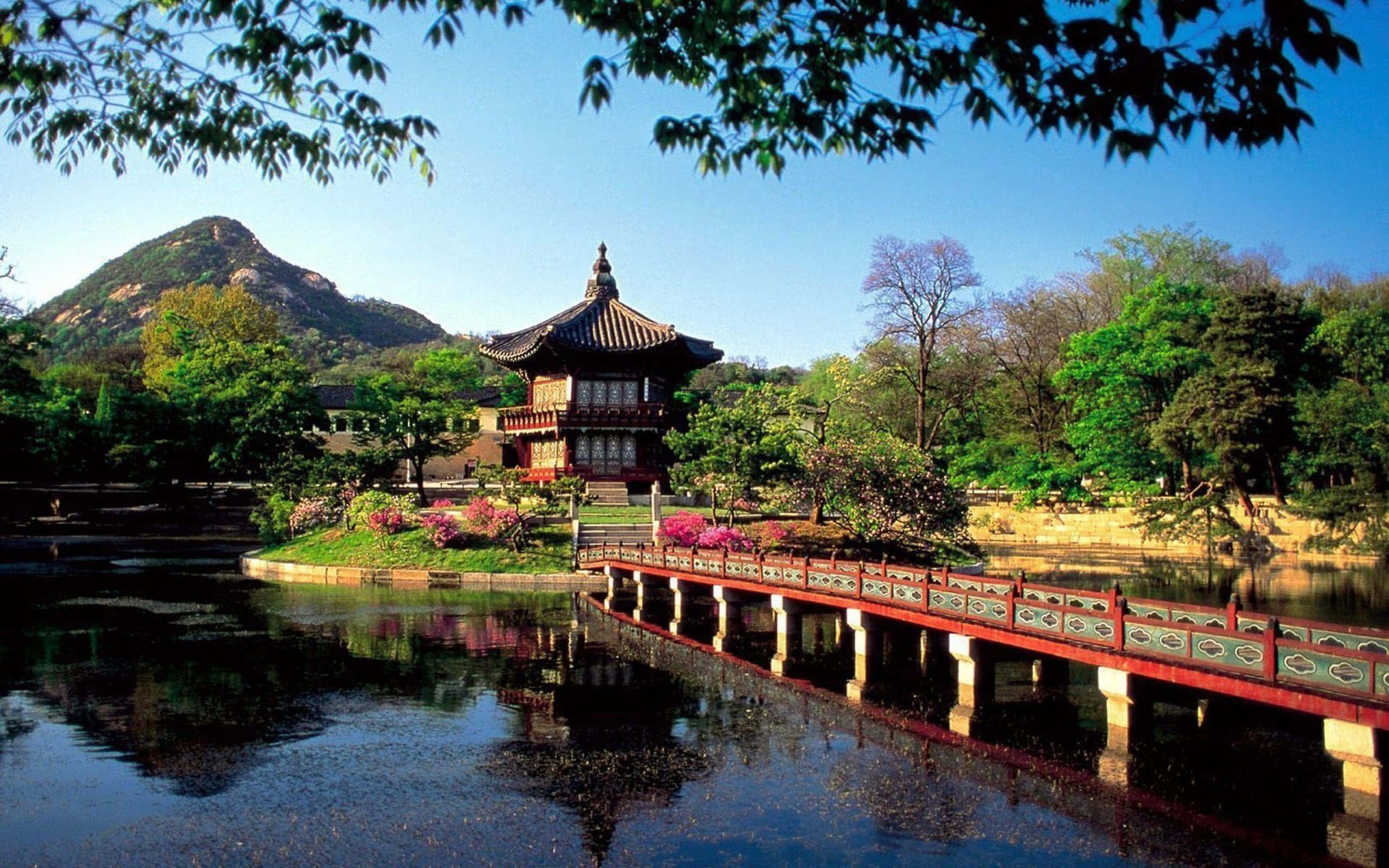 South Korea 桌布 壁紙 — 一座傳統韓國亭閣坐落在寧靜的池塘上，由一座紅色橋樑連接，四周環繞著茂密的綠樹和遠處的山巒，在清澈的藍天下。
