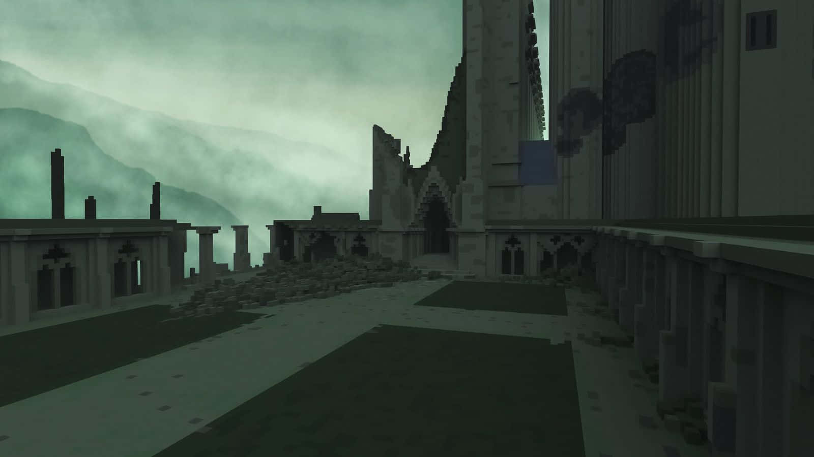 The Battle Of Hogwarts 桌布 壁紙 — 一座像素化的哥德式大教堂廢墟矗立在迷霧山脈中，陰沉的綠色天空下。