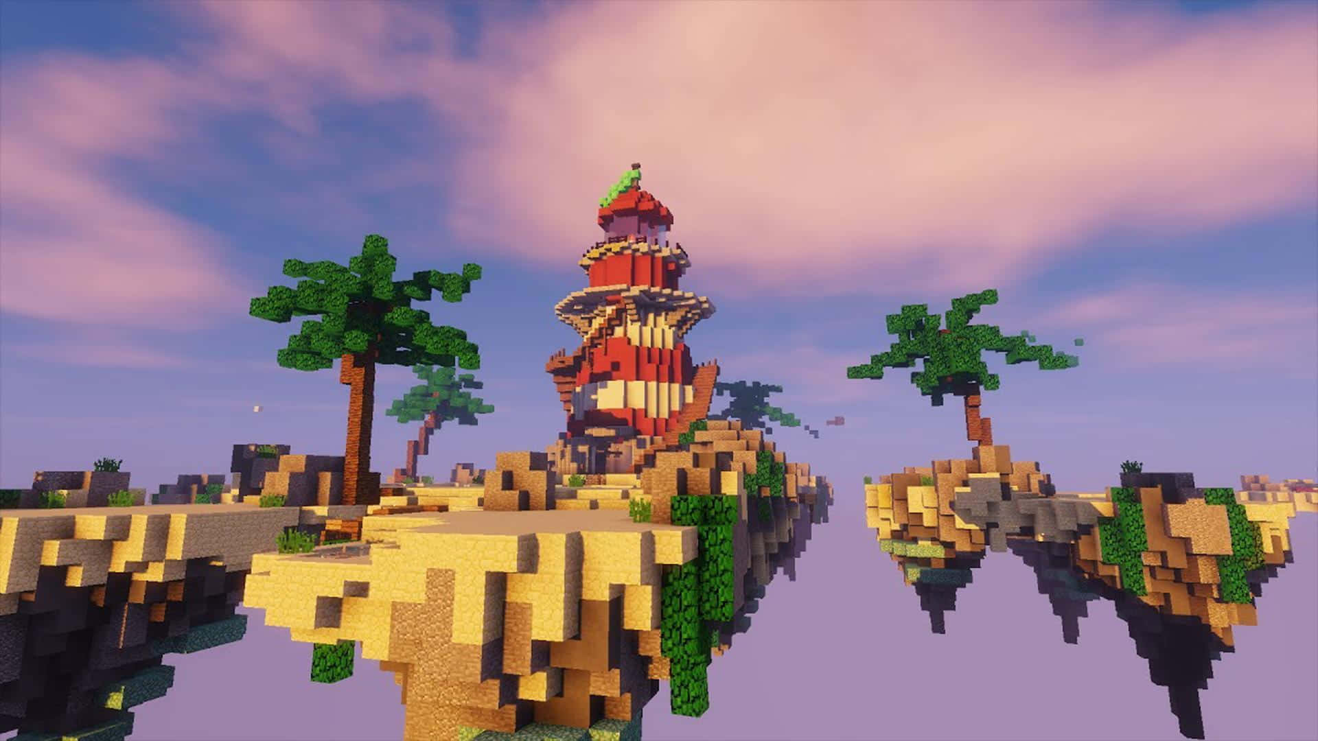 Minecraft Map 桌布 壁紙 — 一座像素化的燈塔矗立在浮島上，周圍環繞著棕櫚樹，天空呈現粉紅色和紫色。
