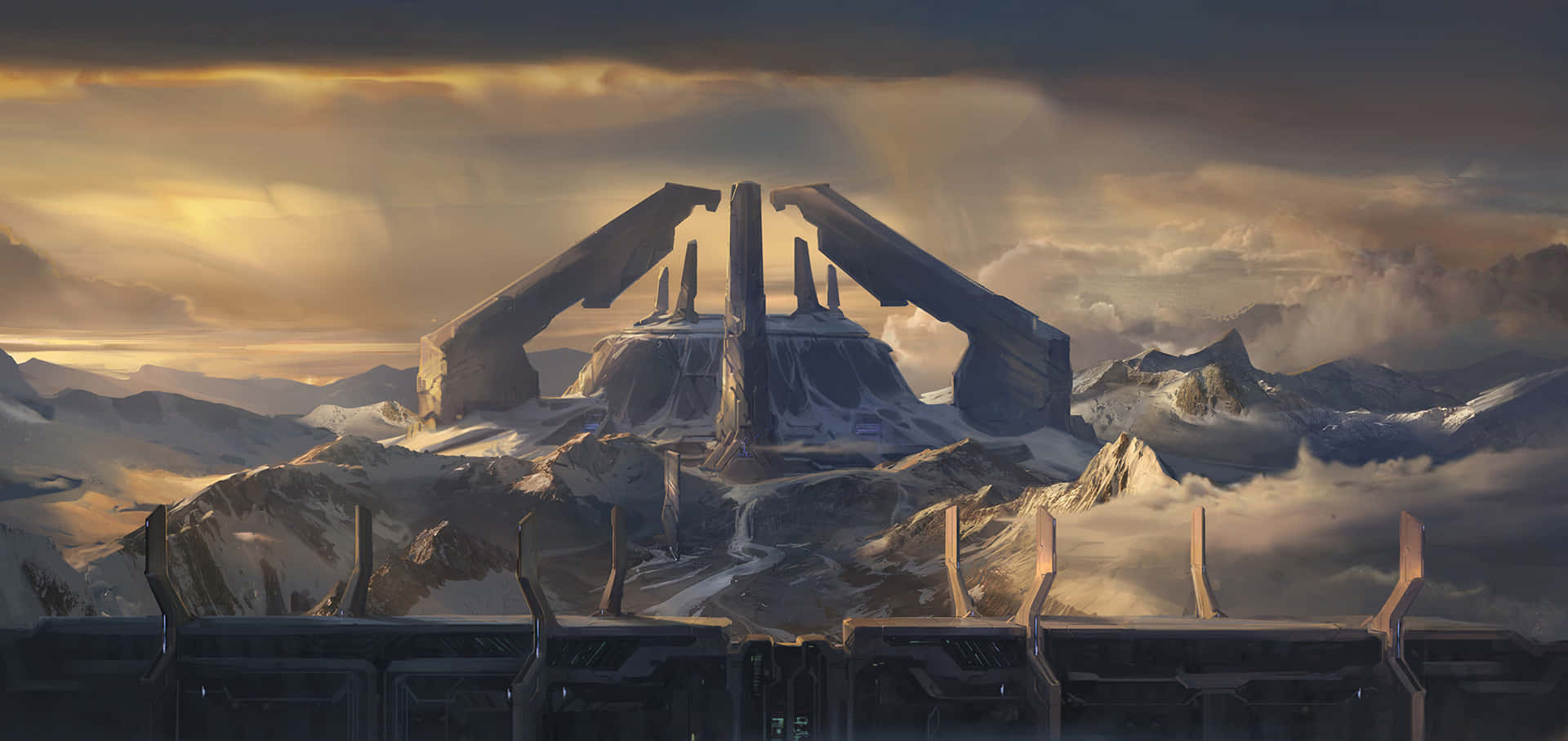 Halo Forerunner 桌布 壁紙 — 一座具有棱角建築風格的未來主義山頂堡壘，在戲劇性的金色日落天空下，聳立於積雪覆蓋的山峰之上。