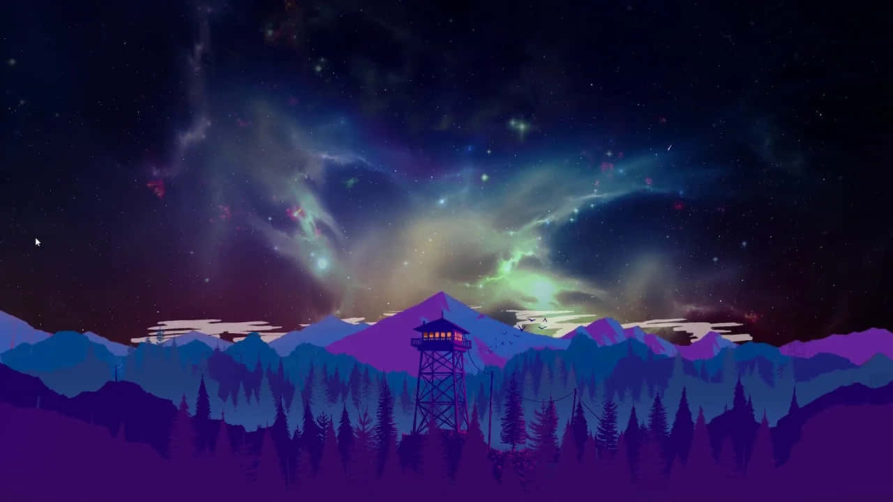 Firewatch 桌布 壁紙 — 一座剪影消防瞭望塔矗立在積雪的山峰上，背景是充滿星星和發光星雲的充滿活力的宇宙天空。