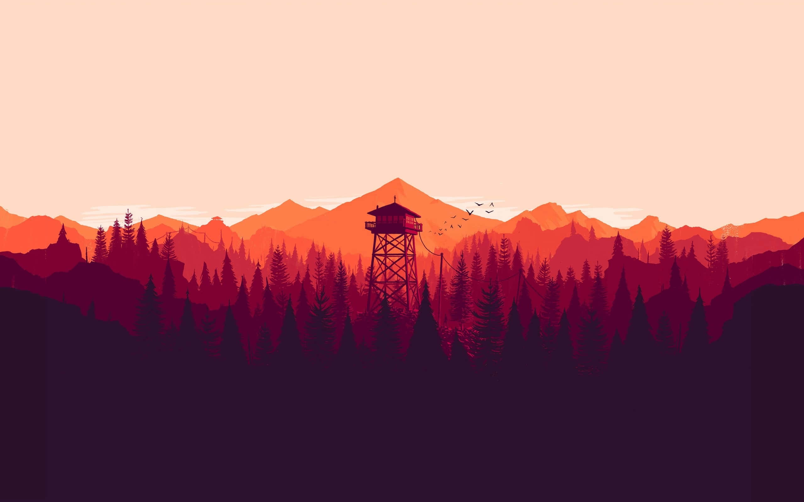 Indie Games 桌布 壁紙 — 一座剪影的防火瞭望塔矗立在日落時分的松樹林中，背景是層疊的山巒和飛翔的鳥兒。